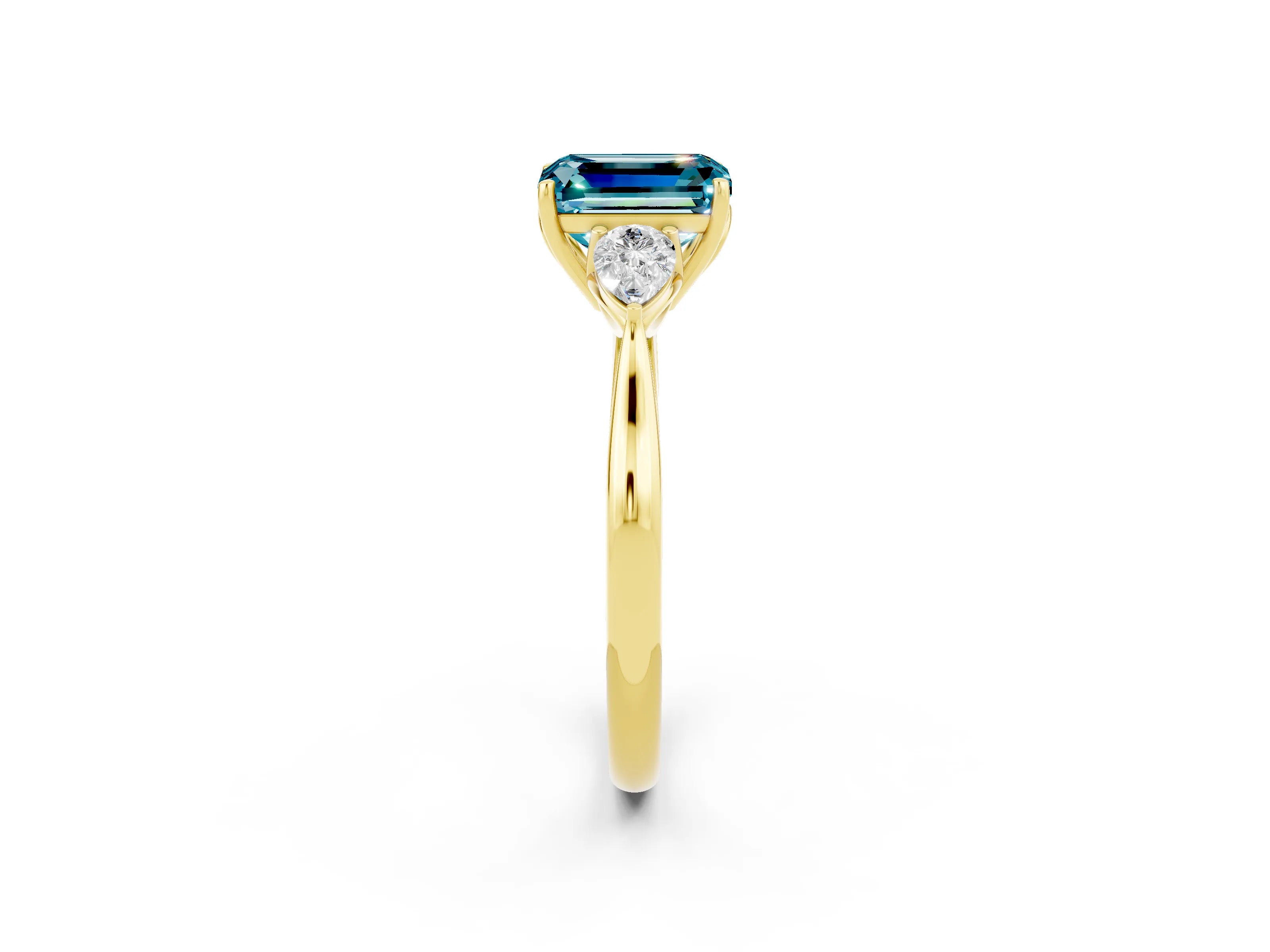 Yellow gold Three-Stone Emerald Cut Cut Diamond Ring with Pear Side Stones in Four-Prong Setting_2
