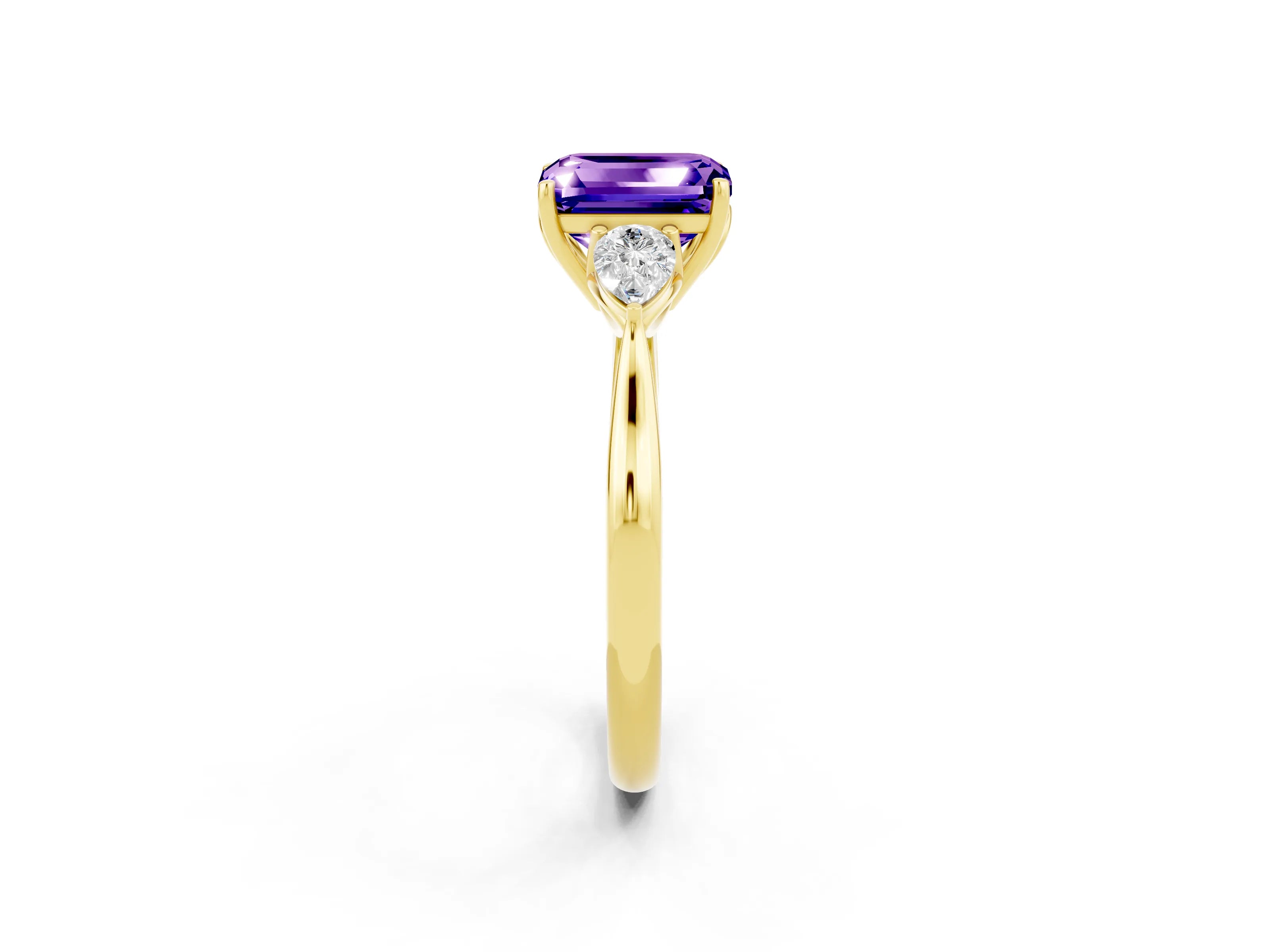 Yellow gold Three-Stone Emerald Cut Cut Diamond Ring with Pear Side Stones in Four-Prong Setting_2