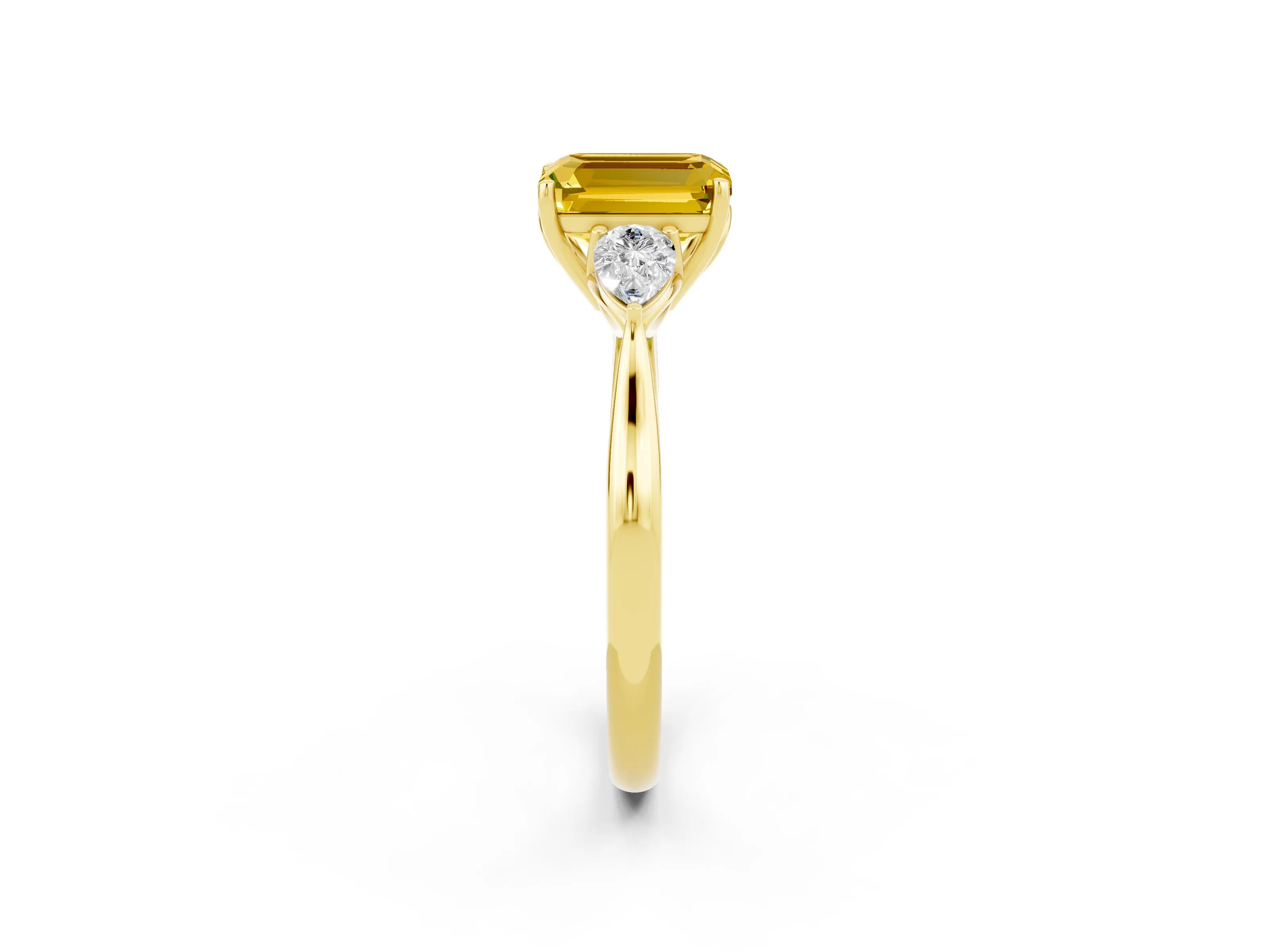 Yellow gold Three-Stone Emerald Cut Cut Diamond Ring with Pear Side Stones in Four-Prong Setting_2