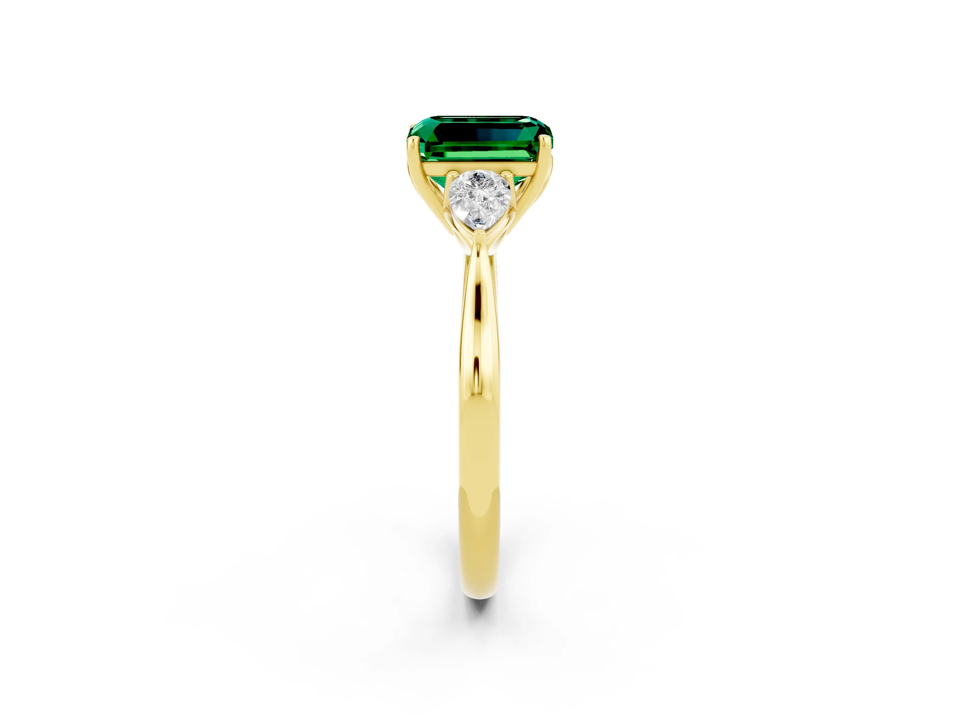 Yellow gold Three-Stone Emerald Cut Cut Diamond Ring with Pear Side Stones in Four-Prong Setting_2