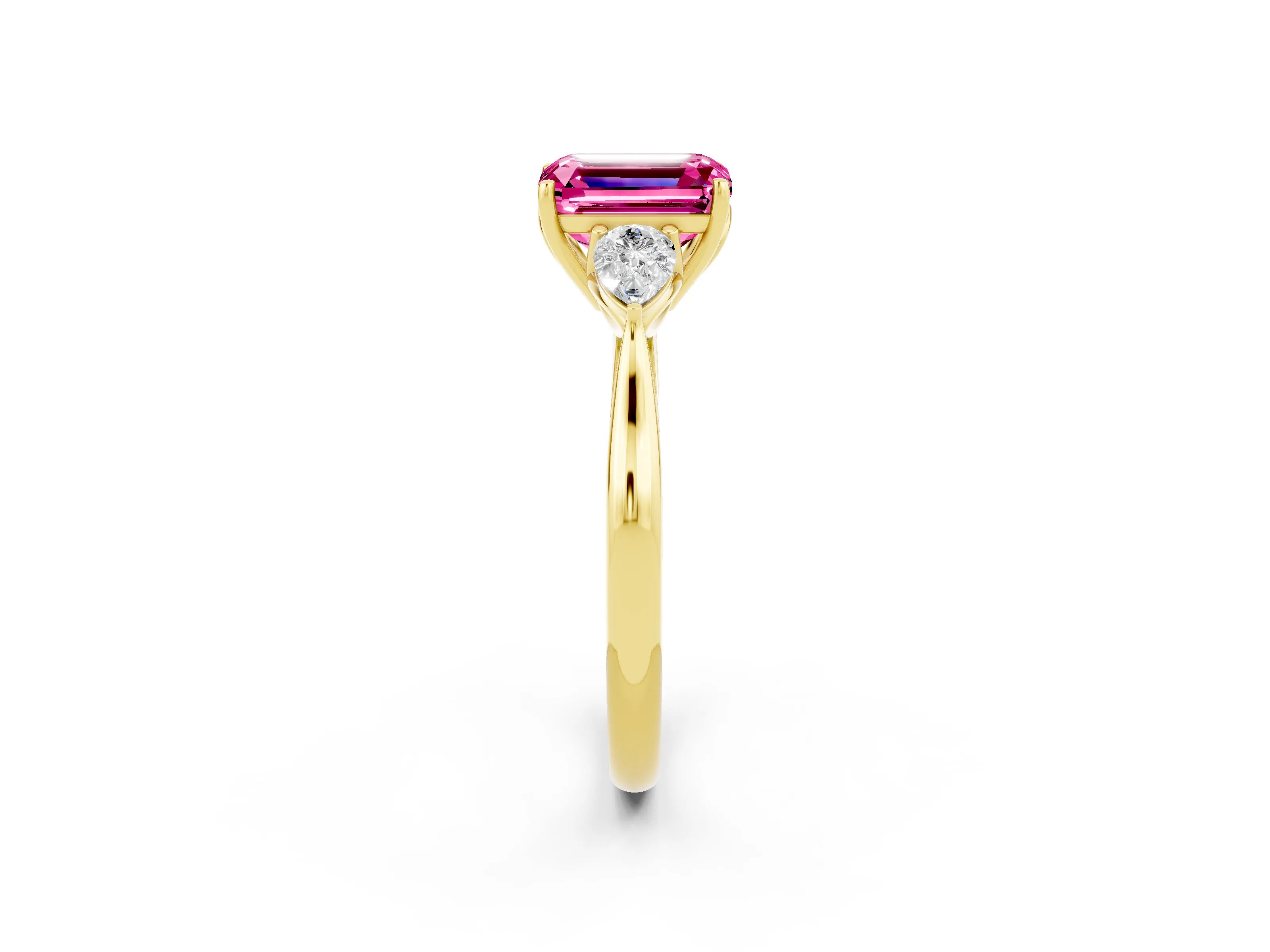 Yellow gold Three-Stone Emerald Cut Cut Diamond Ring with Pear Side Stones in Four-Prong Setting_2