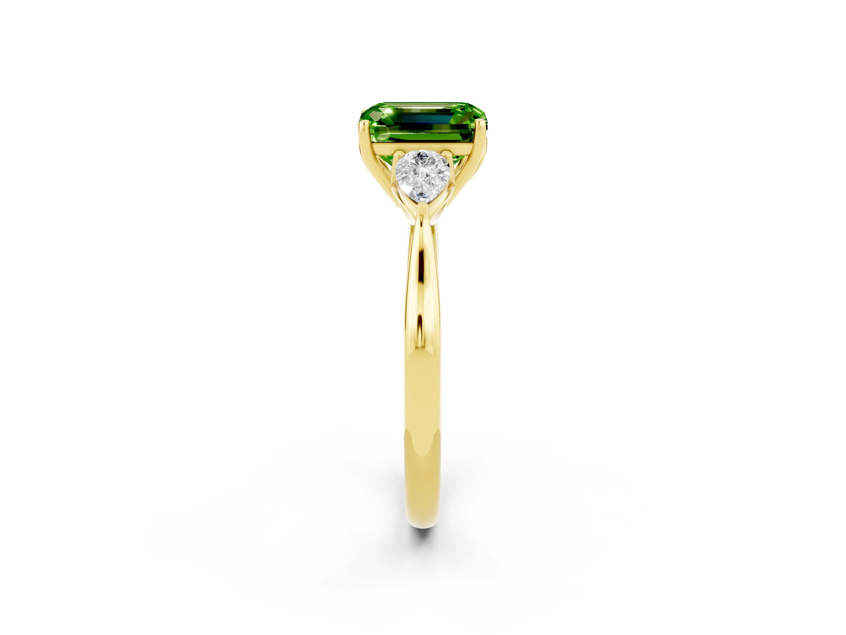 Yellow gold Three-Stone Emerald Cut Cut Diamond Ring with Pear Side Stones in Four-Prong Setting_2