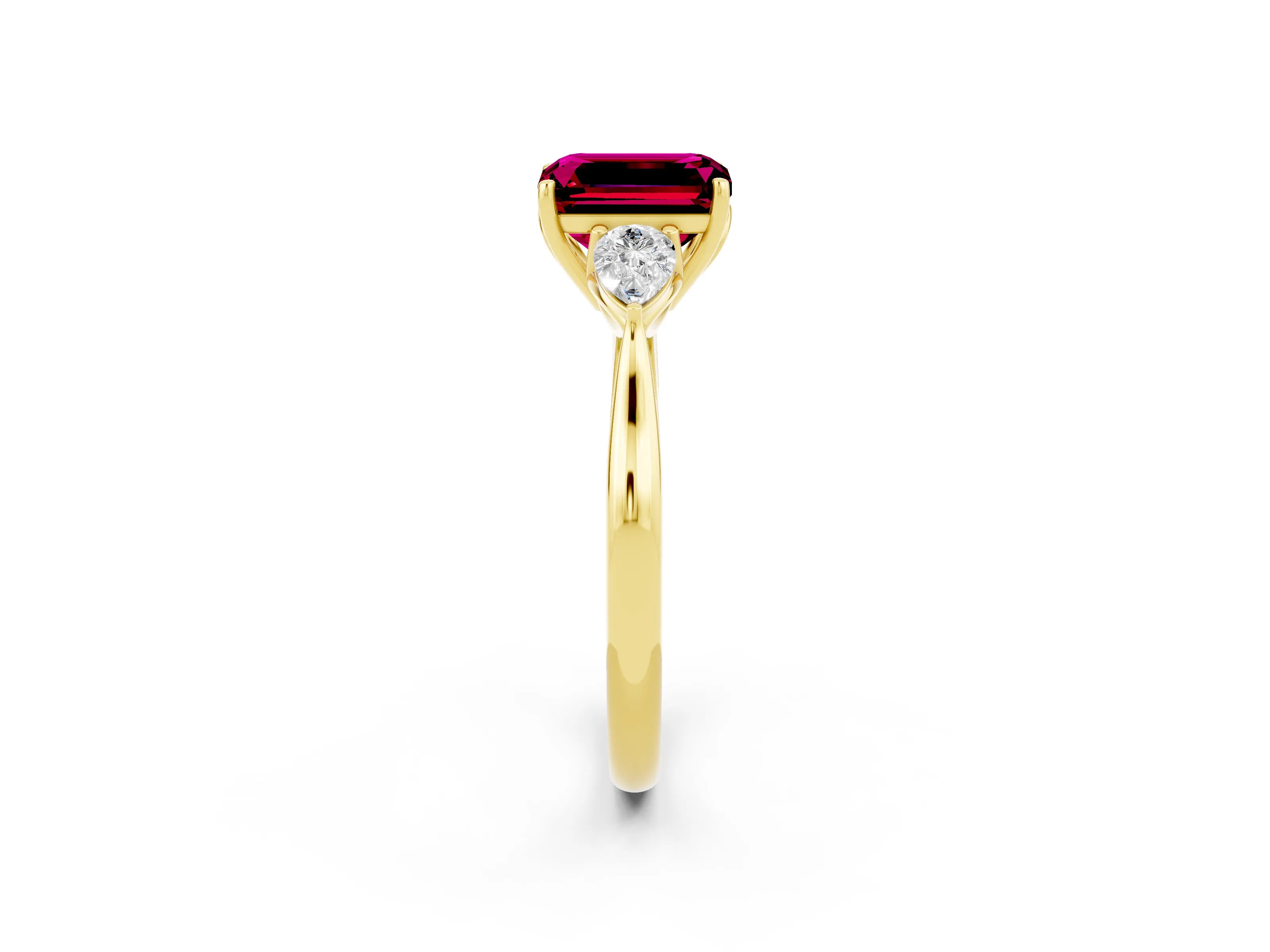 Yellow gold Three-Stone Emerald Cut Cut Diamond Ring with Pear Side Stones in Four-Prong Setting_2