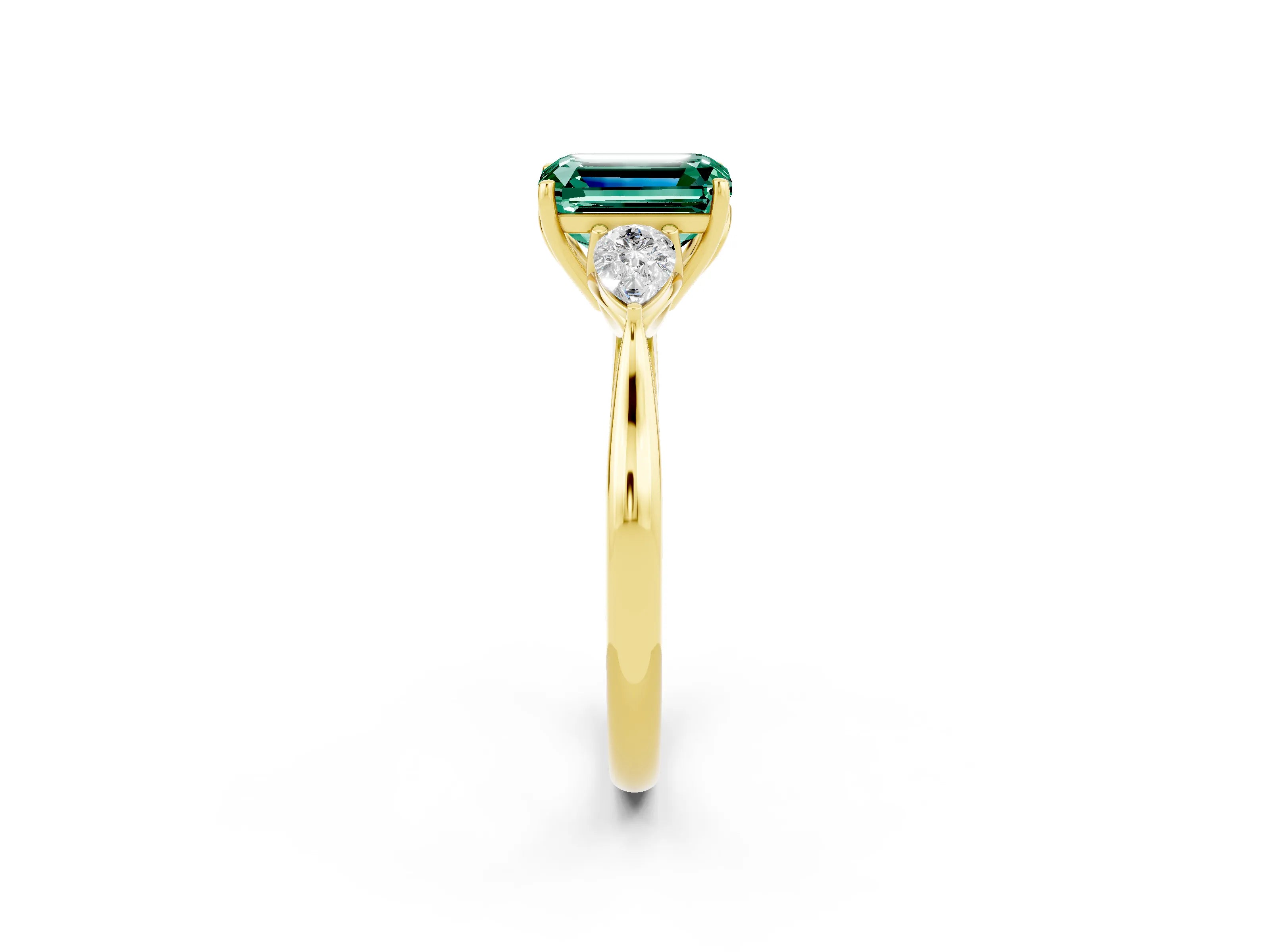 Yellow gold Three-Stone Emerald Cut Cut Diamond Ring with Pear Side Stones in Four-Prong Setting_2