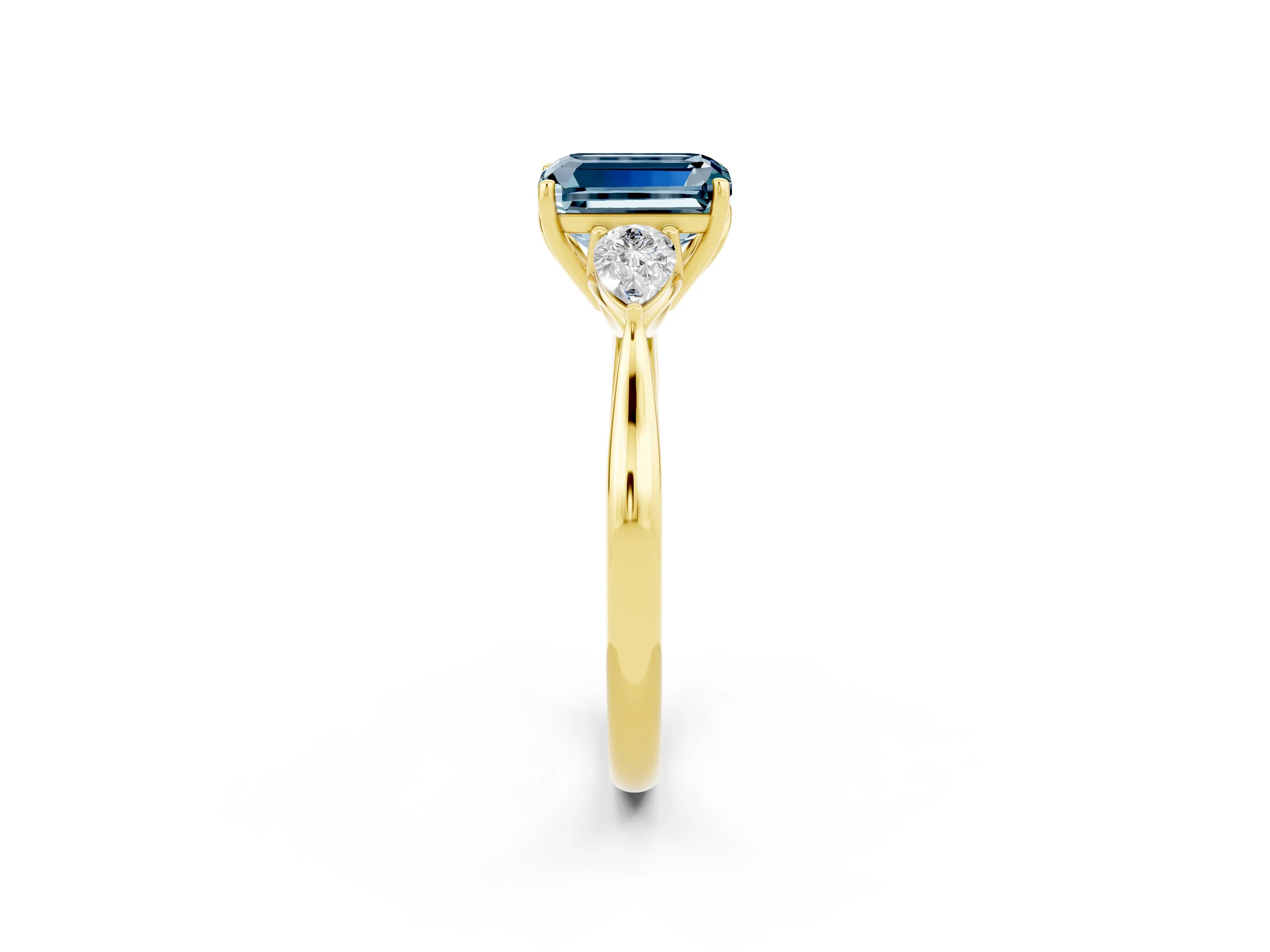 Yellow gold Three-Stone Emerald Cut Cut Diamond Ring with Pear Side Stones in Four-Prong Setting_2