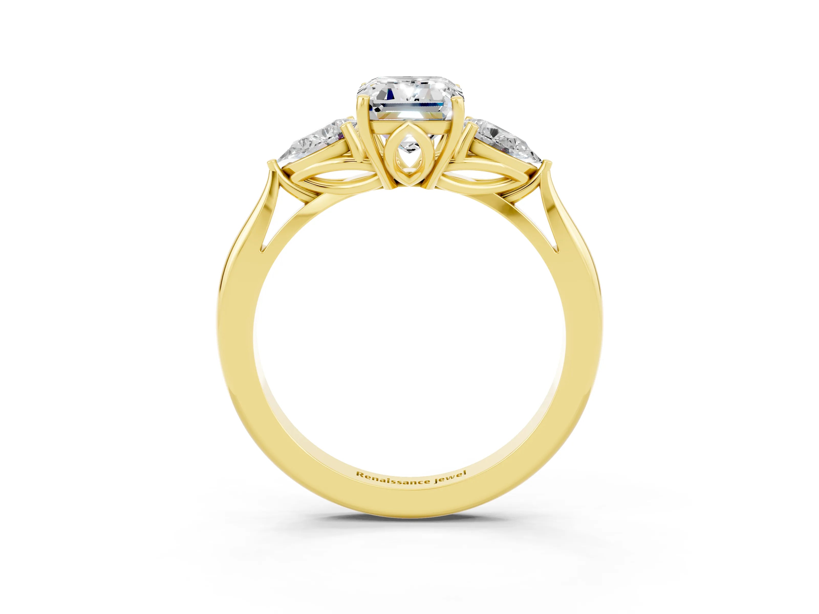 Yellow gold Three-Stone Emerald Cut Cut Diamond Ring with Pear Side Stones in Four-Prong Setting_3