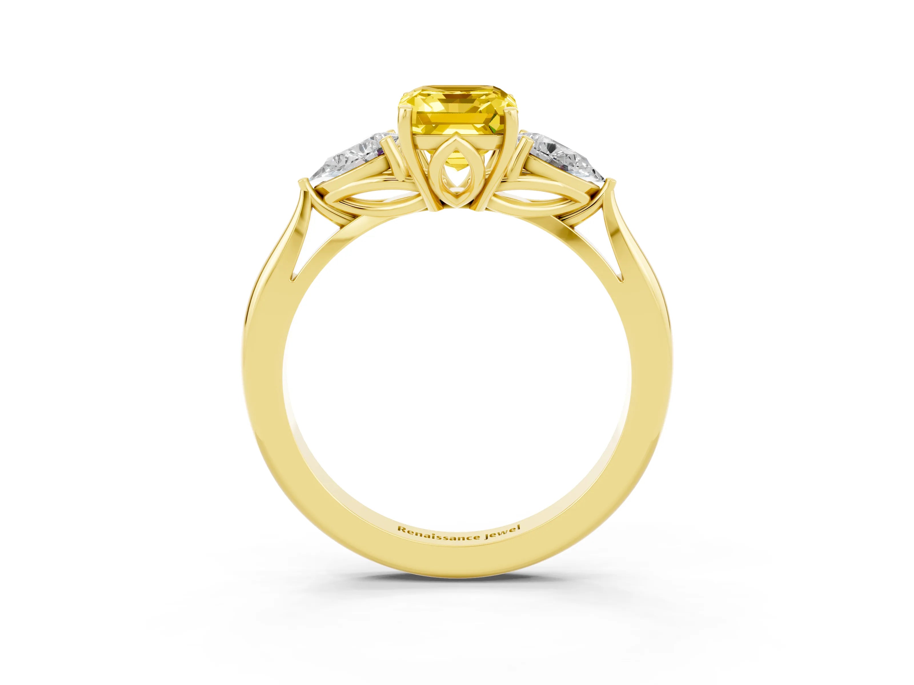 Yellow gold Three-Stone Emerald Cut Cut Diamond Ring with Pear Side Stones in Four-Prong Setting_3