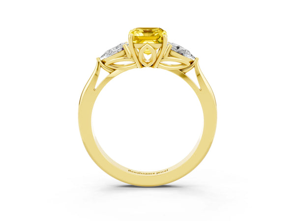Yellow gold Three-Stone Emerald Cut Yellow Sapphire Ring with Pear  Side Stones in Four-Prong Setting