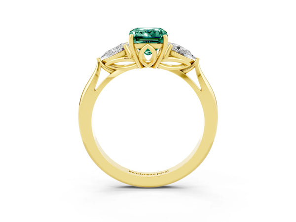 Yellow gold Three-Stone Emerald Cut Green Sapphire Ring with Pear  Side Stones in Four-Prong Setting