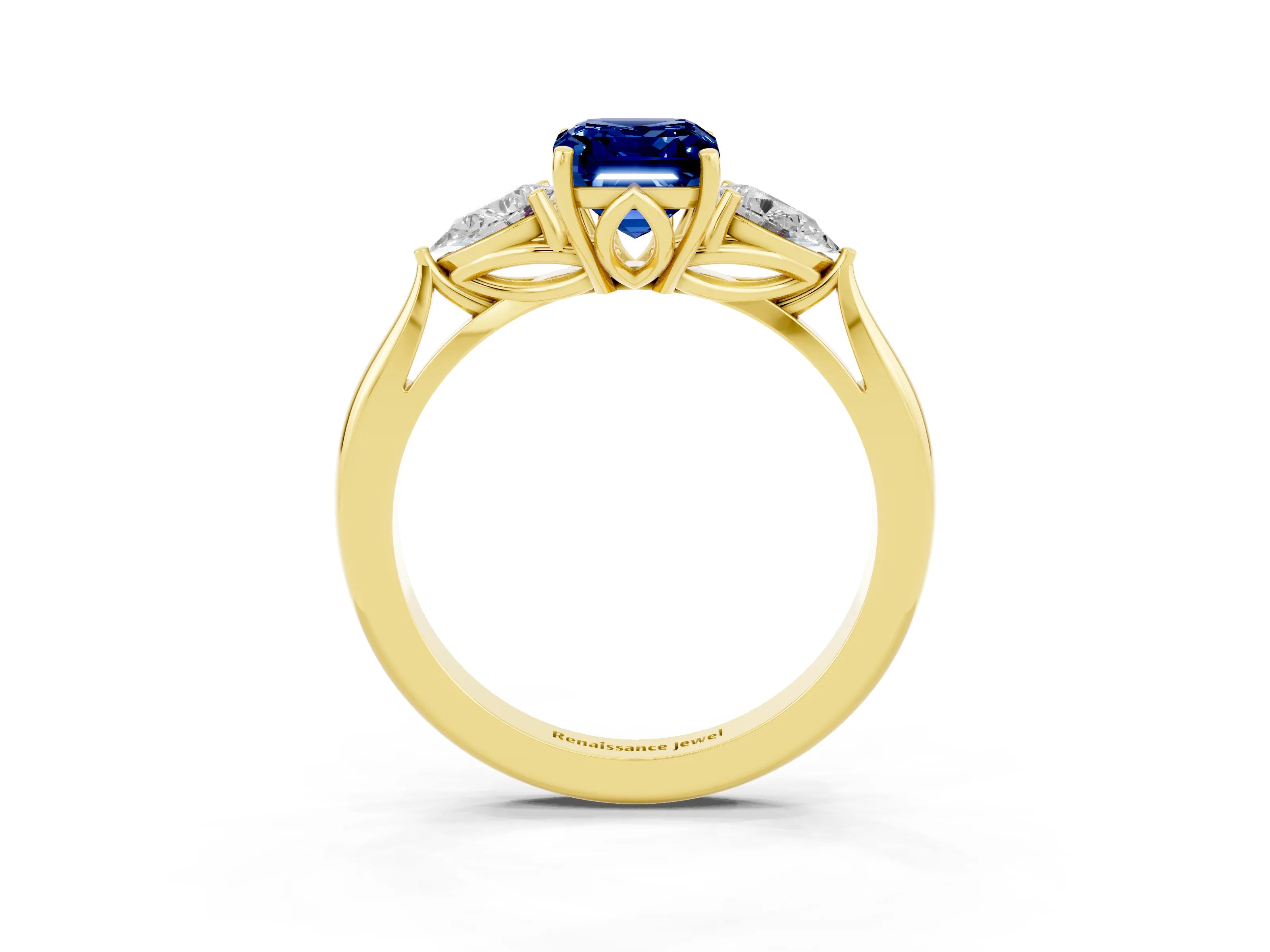 Yellow gold Three-Stone Emerald Cut Cut Diamond Ring with Pear Side Stones in Four-Prong Setting_3