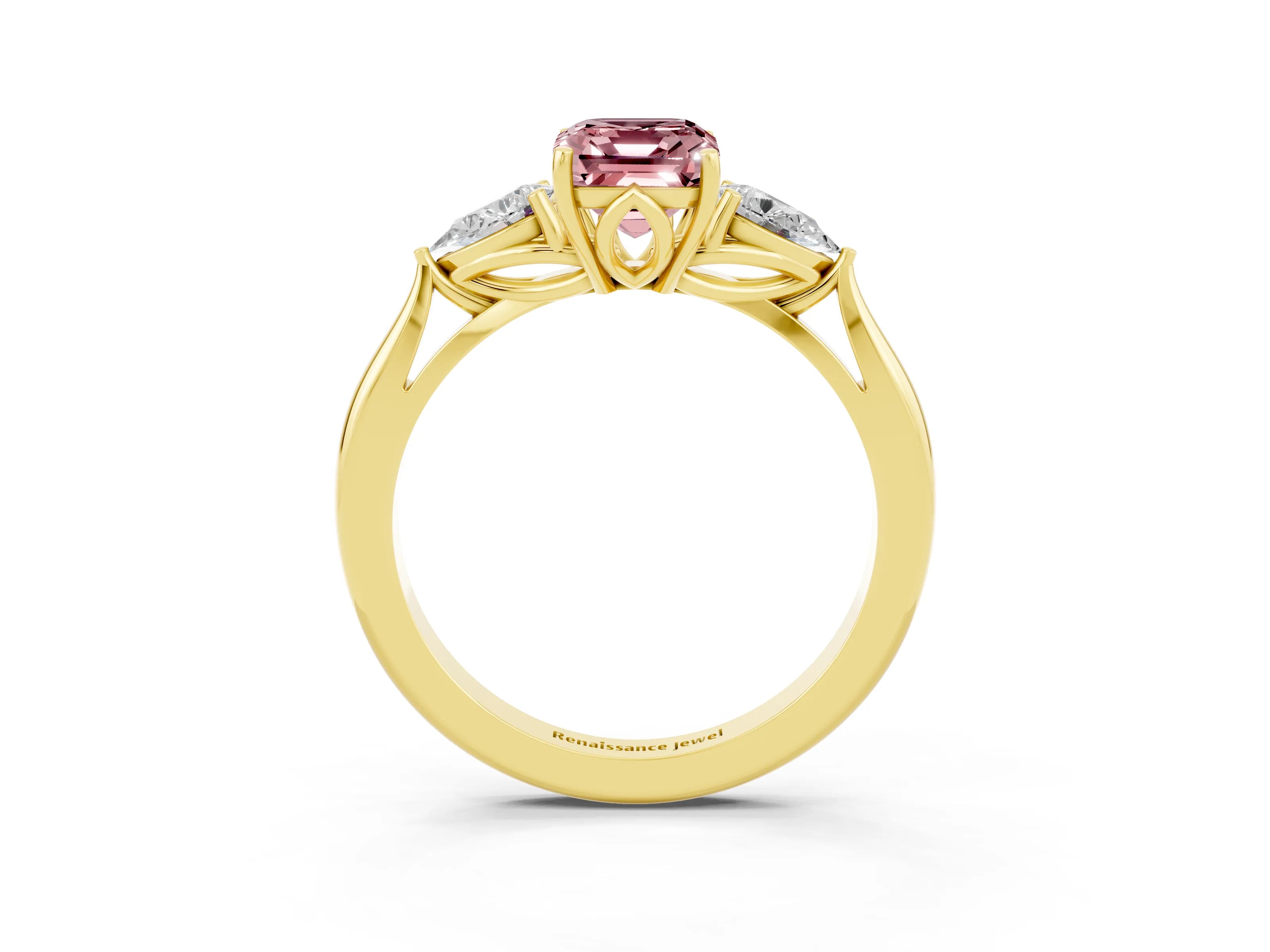Yellow gold Three-Stone Emerald Cut Cut Diamond Ring with Pear Side Stones in Four-Prong Setting_3