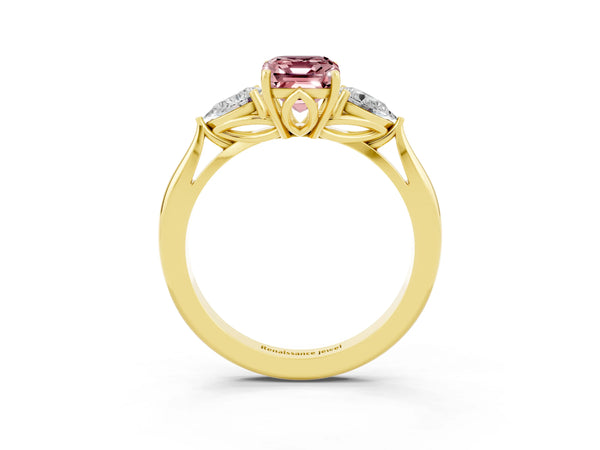 Yellow gold Three-Stone Emerald Cut Cut Diamond Ring with Pear Side Stones in Four-Prong Setting