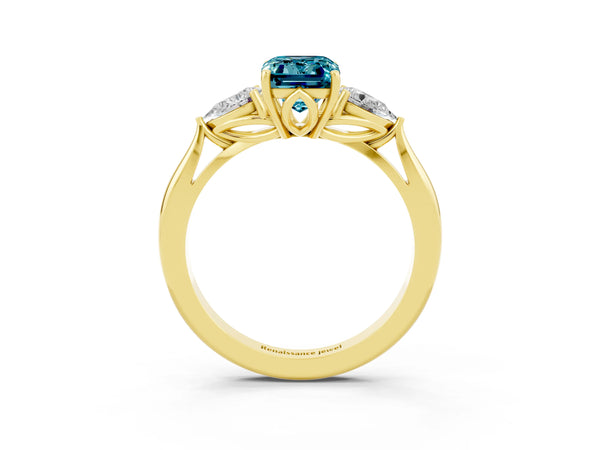 Yellow gold Three-Stone Emerald Cut Cut Diamond Ring with Pear Side Stones in Four-Prong Setting