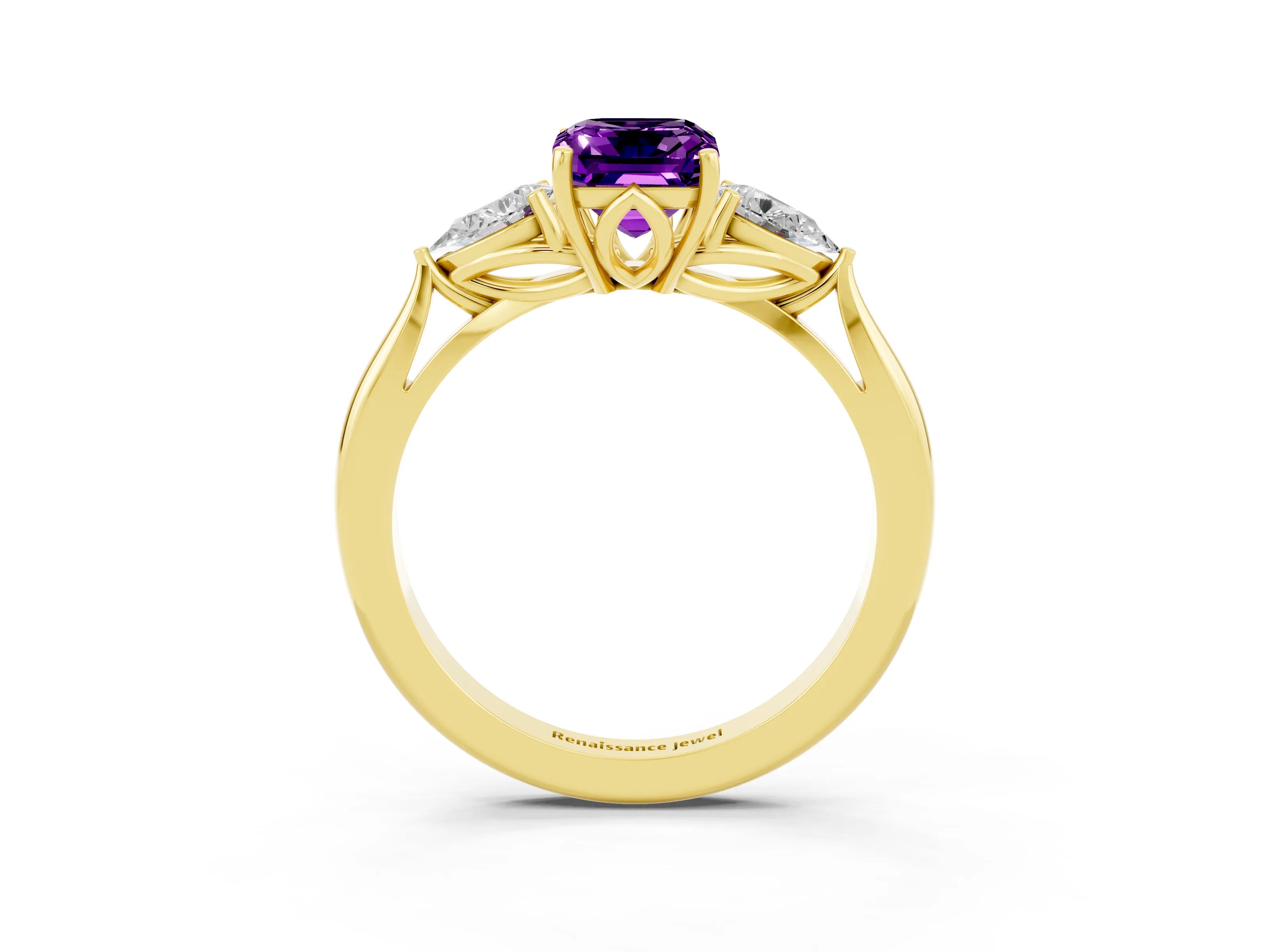 Yellow gold Three-Stone Emerald Cut Cut Diamond Ring with Pear Side Stones in Four-Prong Setting_3