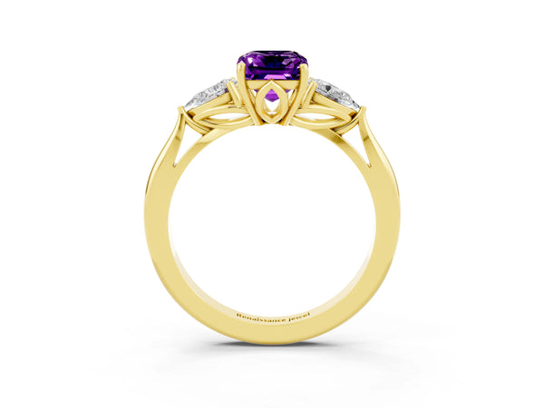 Yellow gold Three-Stone Emerald Cut Amethyst Ring with Pear  Side Stones in Four-Prong Setting