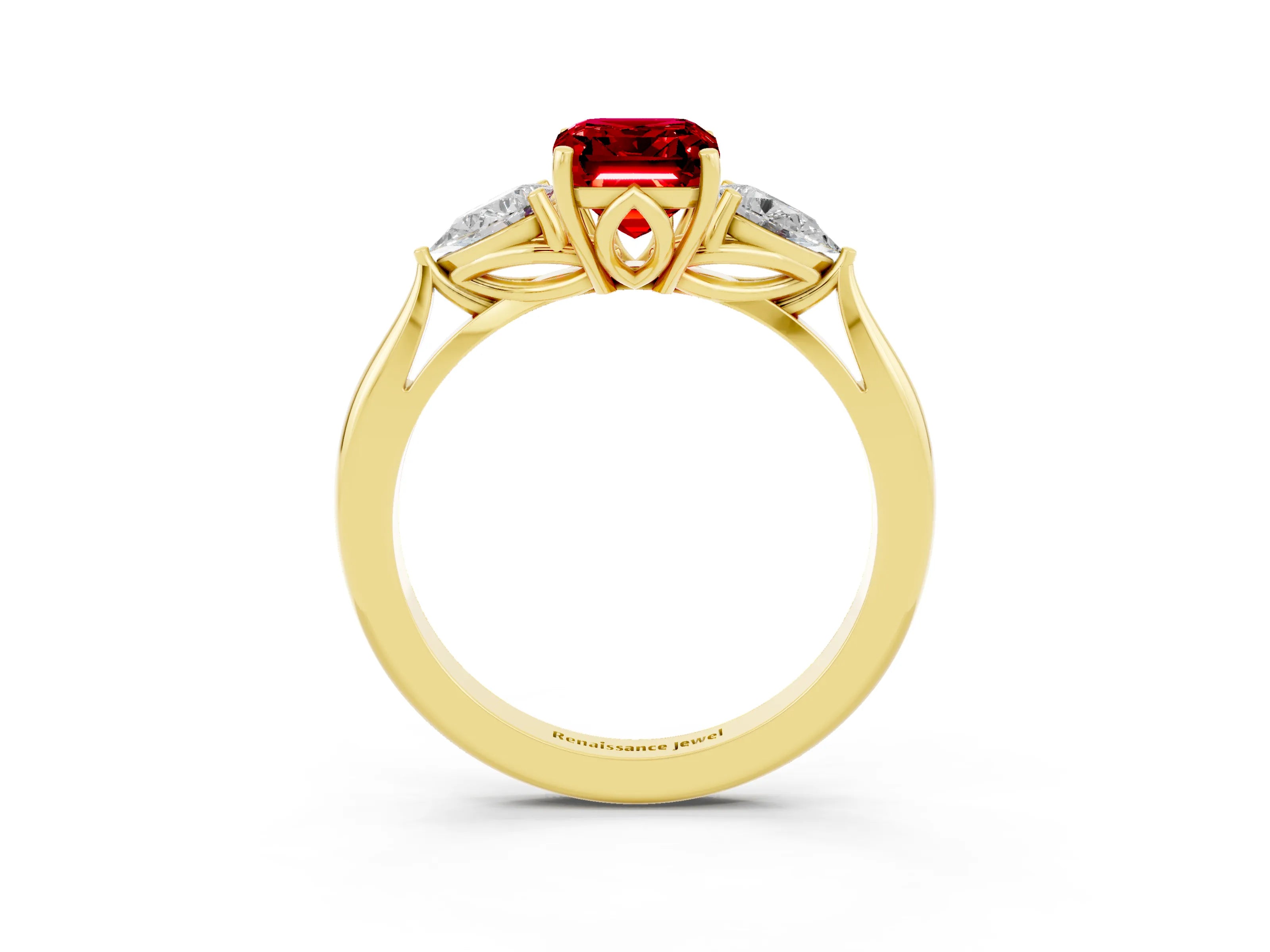 Yellow gold Three-Stone Emerald Cut Cut Diamond Ring with Pear Side Stones in Four-Prong Setting_3