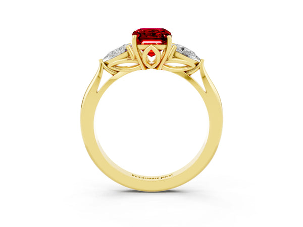 Yellow gold Three-Stone Emerald Cut Cut Diamond Ring with Pear Side Stones in Four-Prong Setting