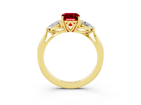 Yellow gold Three-Stone Emerald Cut Cut Diamond Ring with Pear Side Stones in Four-Prong Setting_3