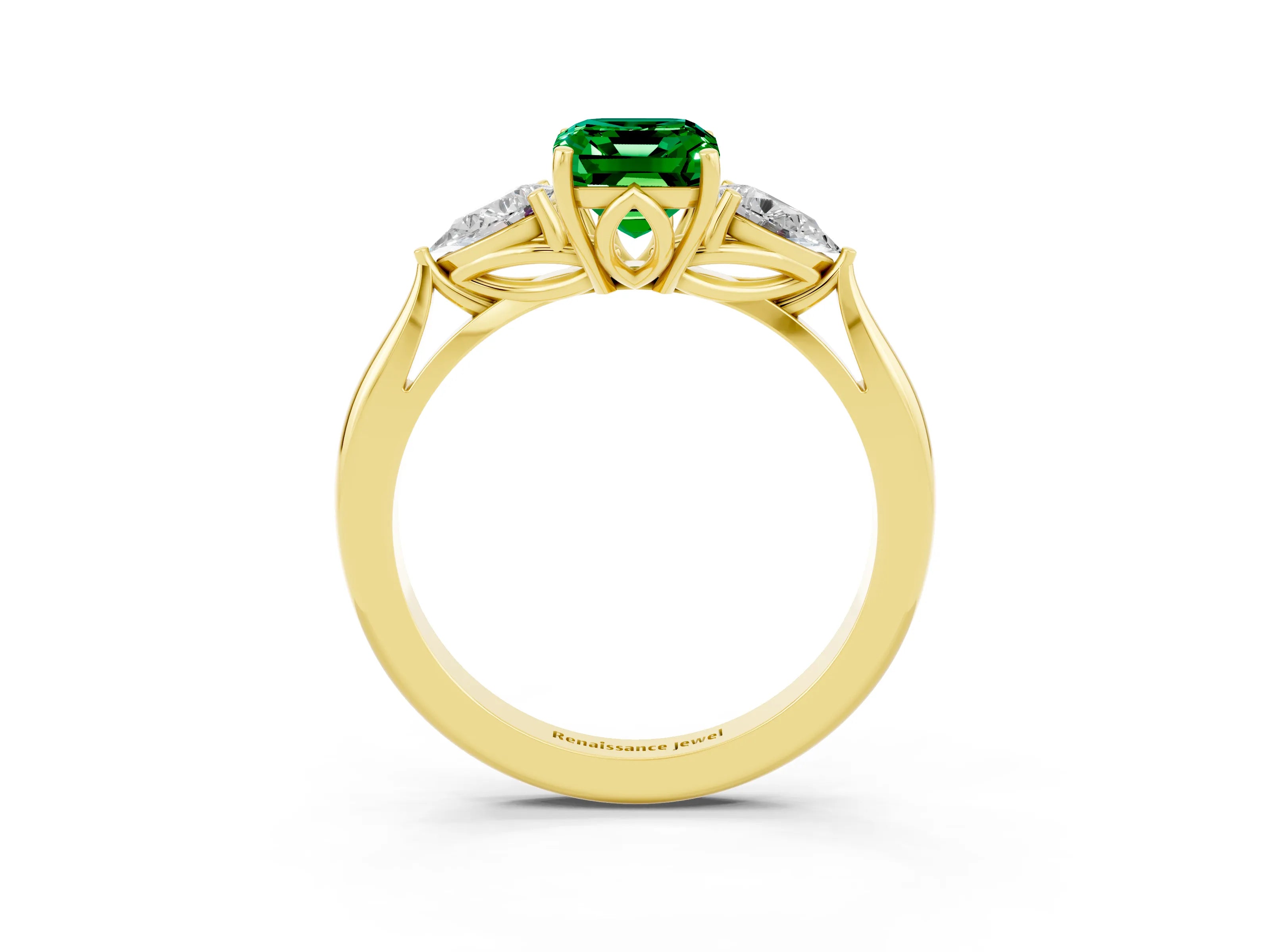 Yellow gold Three-Stone Emerald Cut Cut Diamond Ring with Pear Side Stones in Four-Prong Setting_3