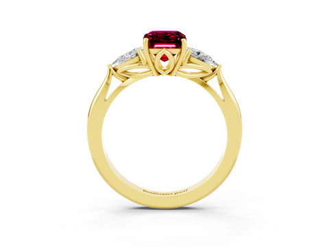 Yellow gold Three-Stone Emerald Cut Cut Diamond Ring with Pear Side Stones in Four-Prong Setting_3