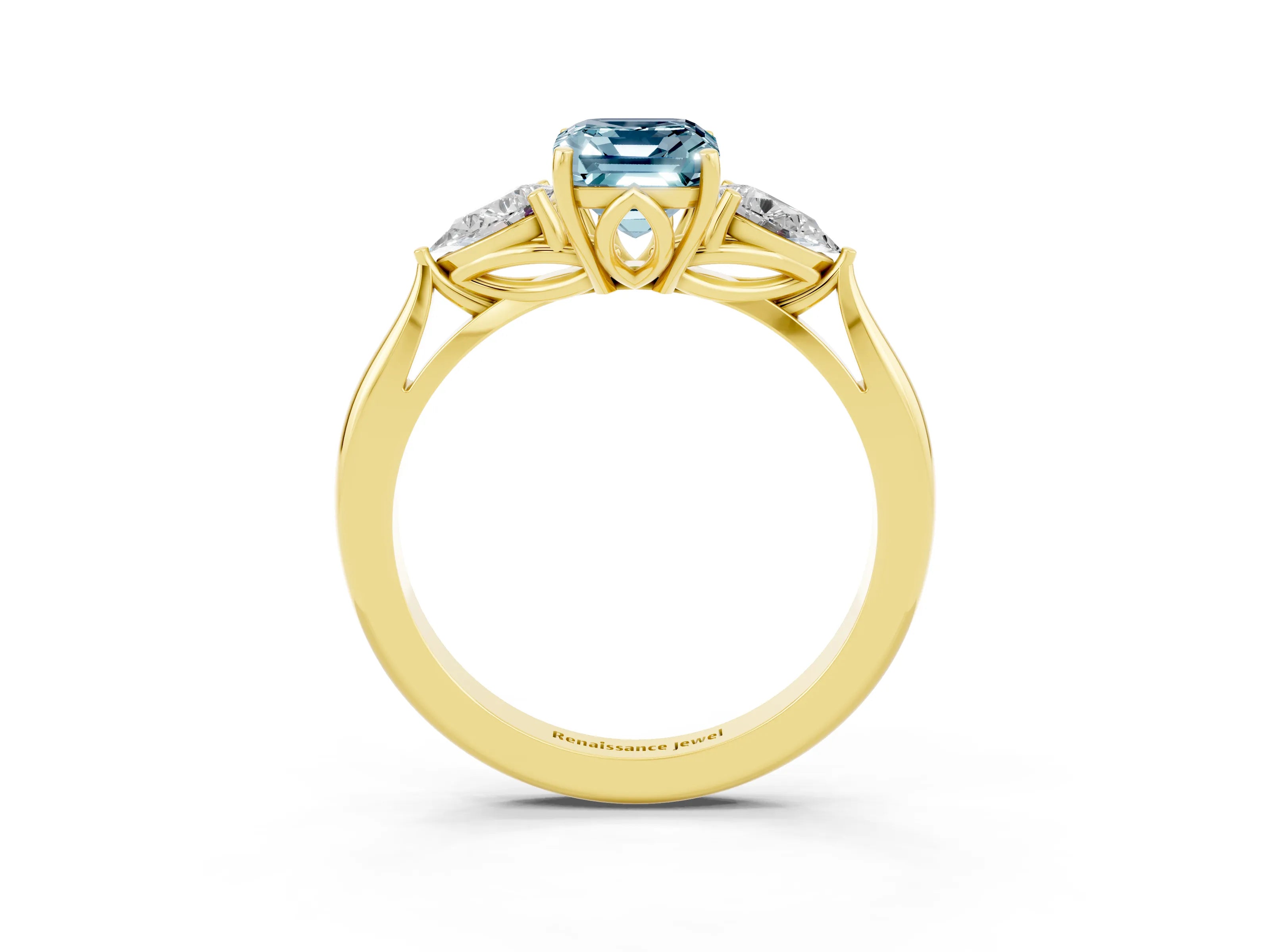 Yellow gold Three-Stone Emerald Cut Cut Diamond Ring with Pear Side Stones in Four-Prong Setting_3