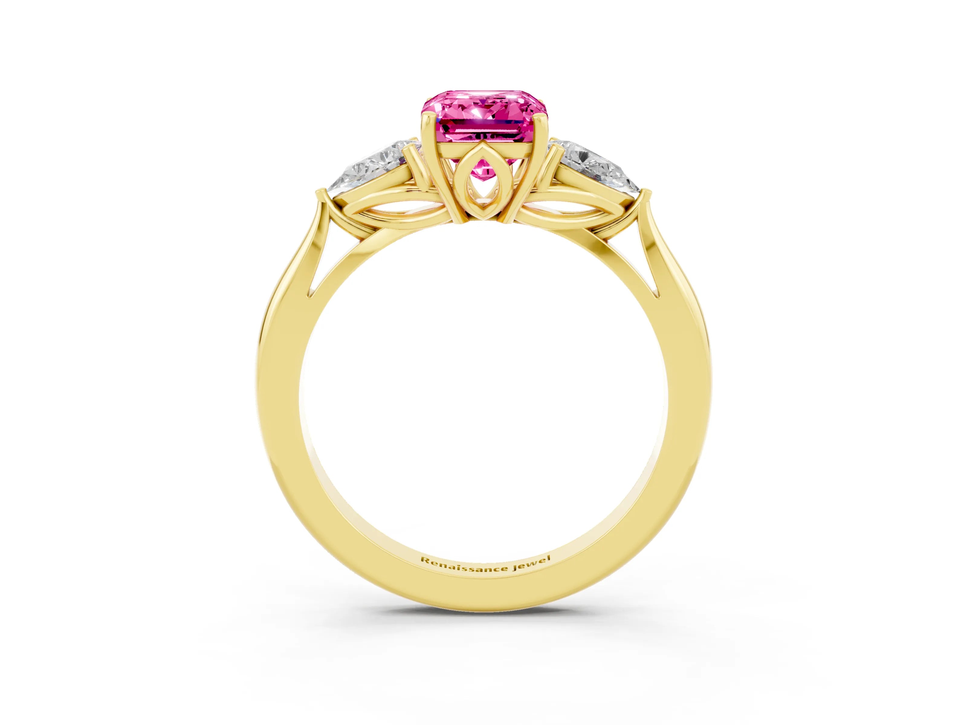 Yellow gold Three-Stone Emerald Cut Cut Diamond Ring with Pear Side Stones in Four-Prong Setting_3