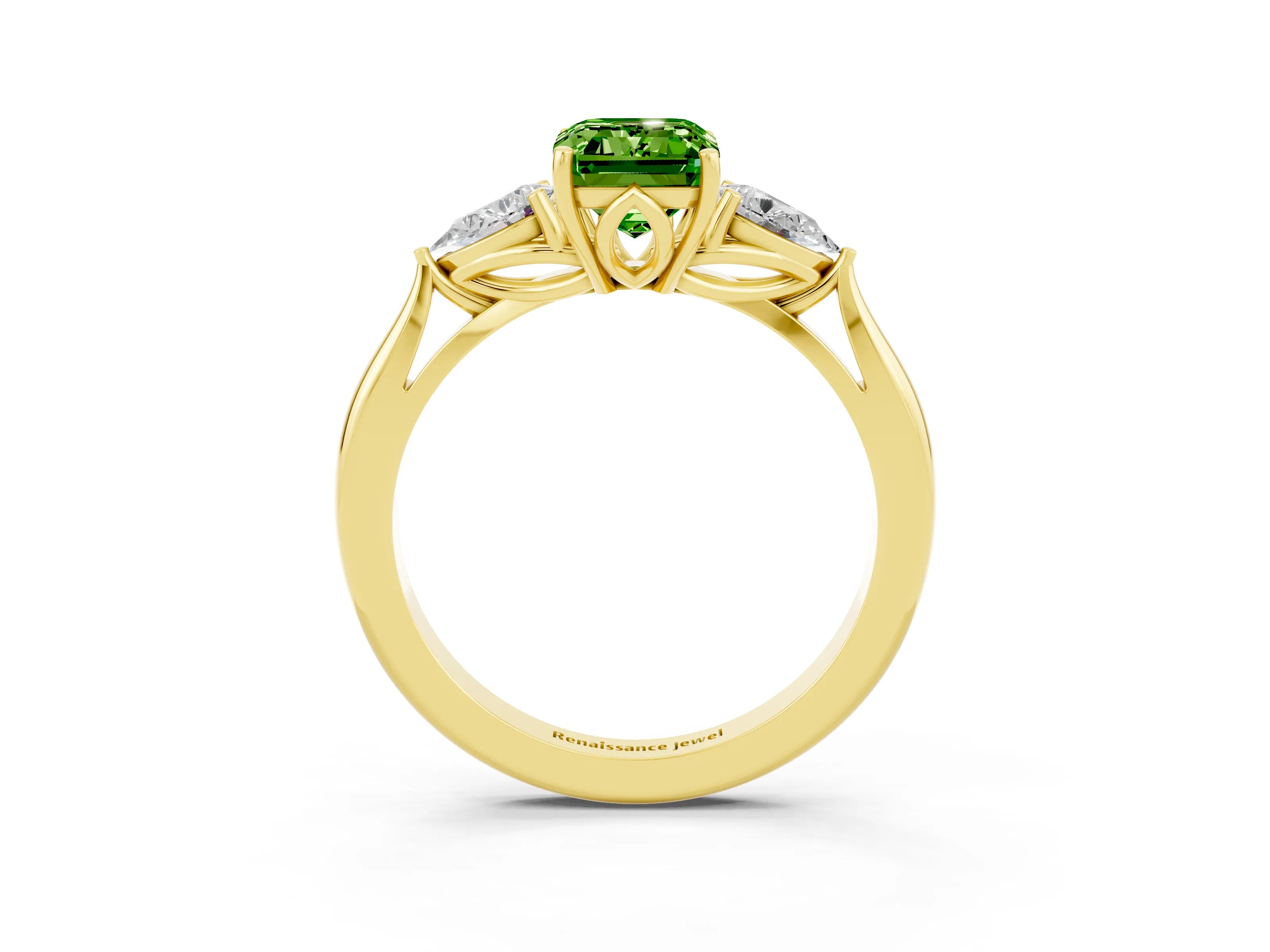 Yellow gold Three-Stone Emerald Cut Cut Diamond Ring with Pear Side Stones in Four-Prong Setting_3