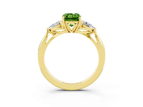 Yellow gold Three-Stone Emerald Cut Cut Diamond Ring with Pear Side Stones in Four-Prong Setting