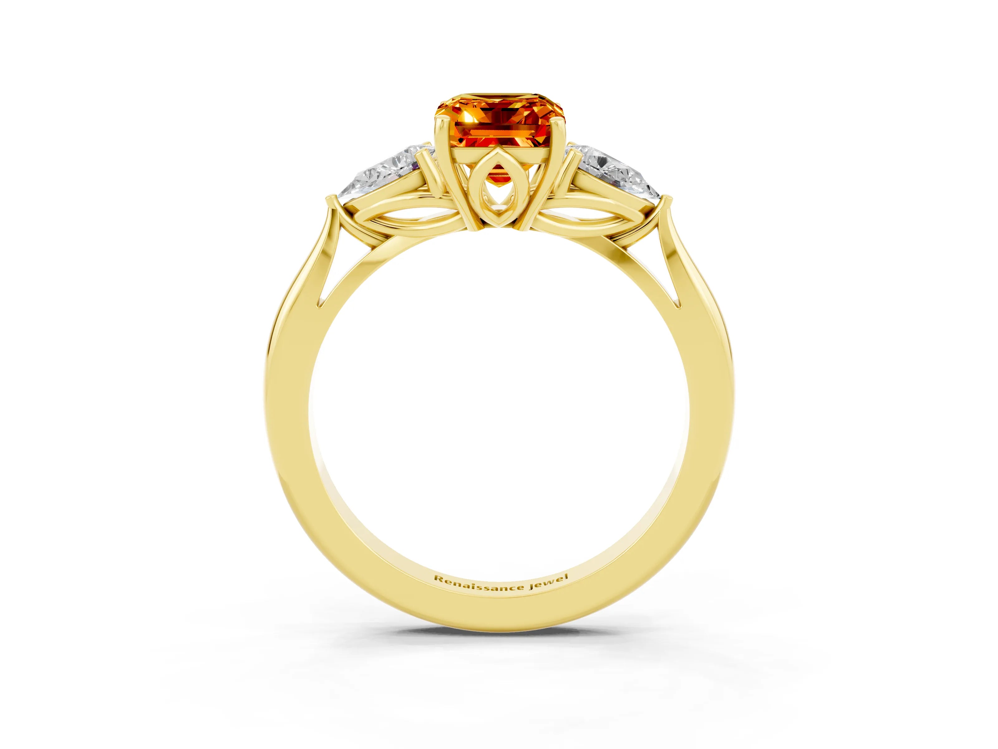 Yellow gold Three-Stone Emerald Cut Cut Diamond Ring with Pear Side Stones in Four-Prong Setting_3