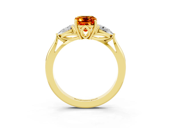Yellow gold Three-Stone Emerald Cut Citrine Ring with Pear  Side Stones in Four-Prong Setting