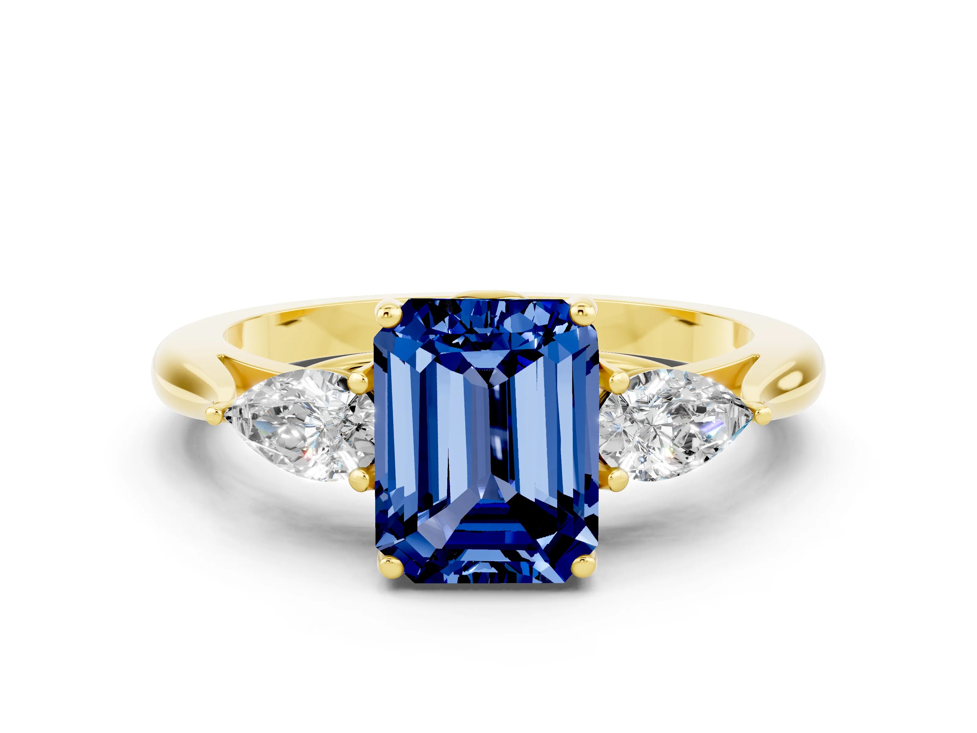 Yellow gold Three-Stone Emerald Cut Cut Diamond Ring with Pear Side Stones in Four-Prong Setting