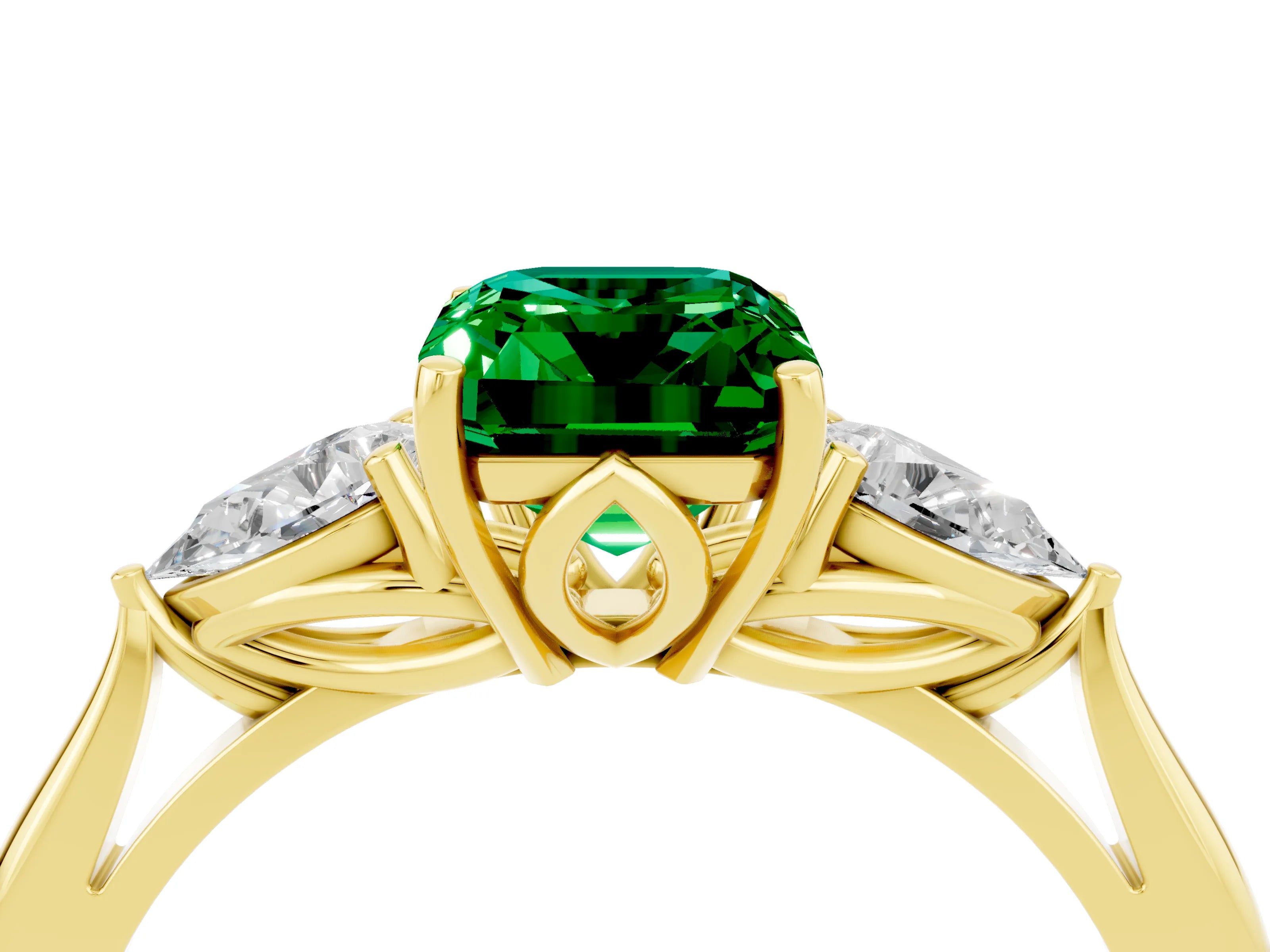 Yellow gold Three-Stone Emerald Cut Cut Diamond Ring with Pear Side Stones in Four-Prong Setting_4
