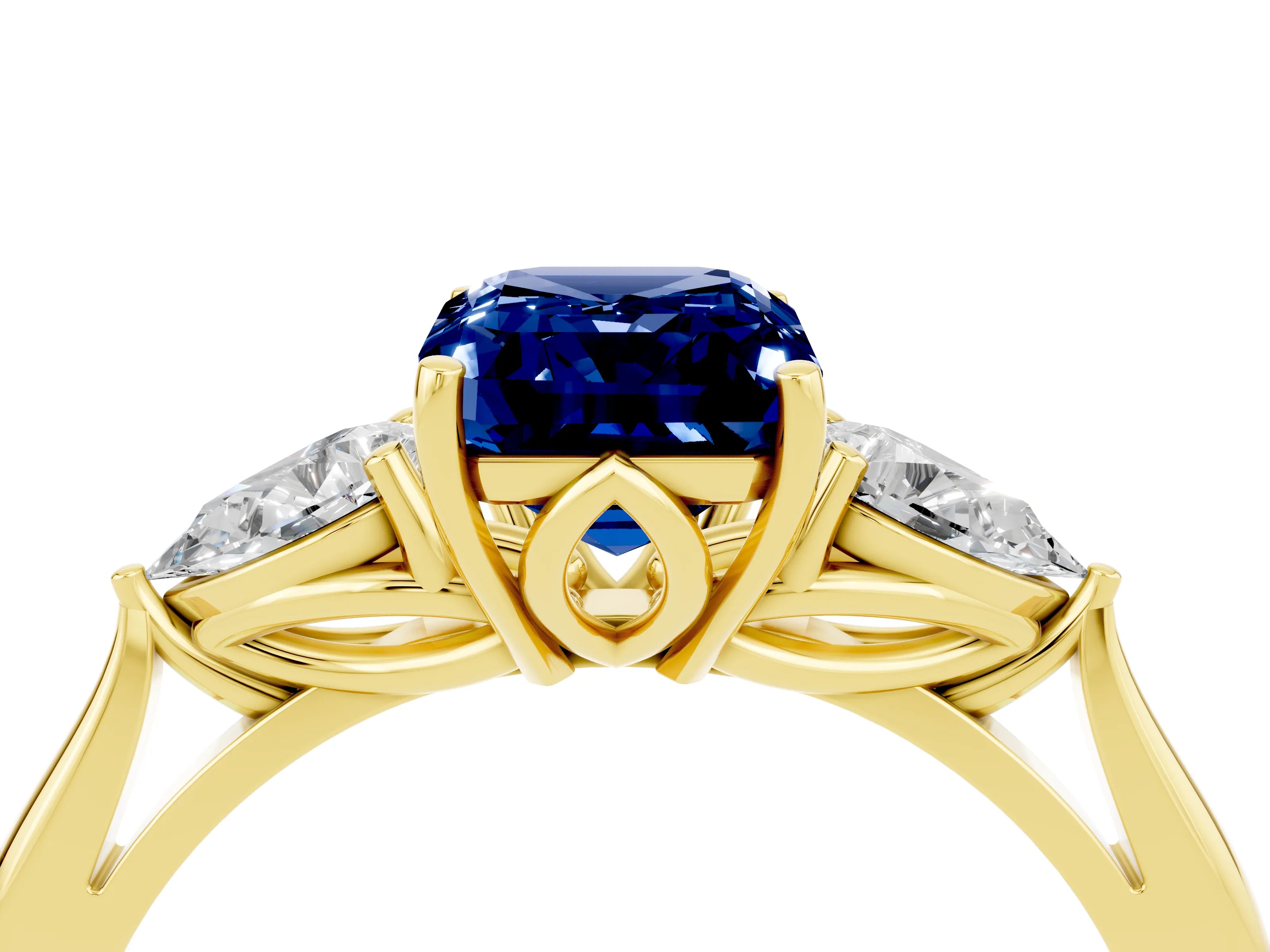 Yellow gold Three-Stone Emerald Cut Cut Diamond Ring with Pear Side Stones in Four-Prong Setting_4