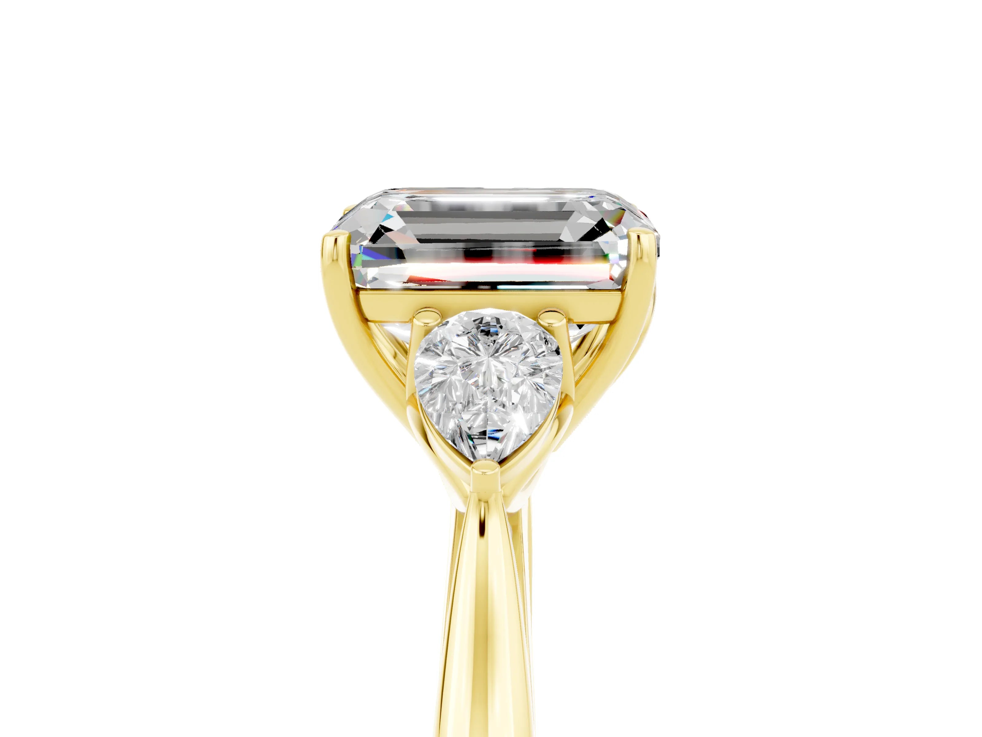 Yellow gold Three-Stone Emerald Cut Cut Diamond Ring with Pear Side Stones in Four-Prong Setting_5