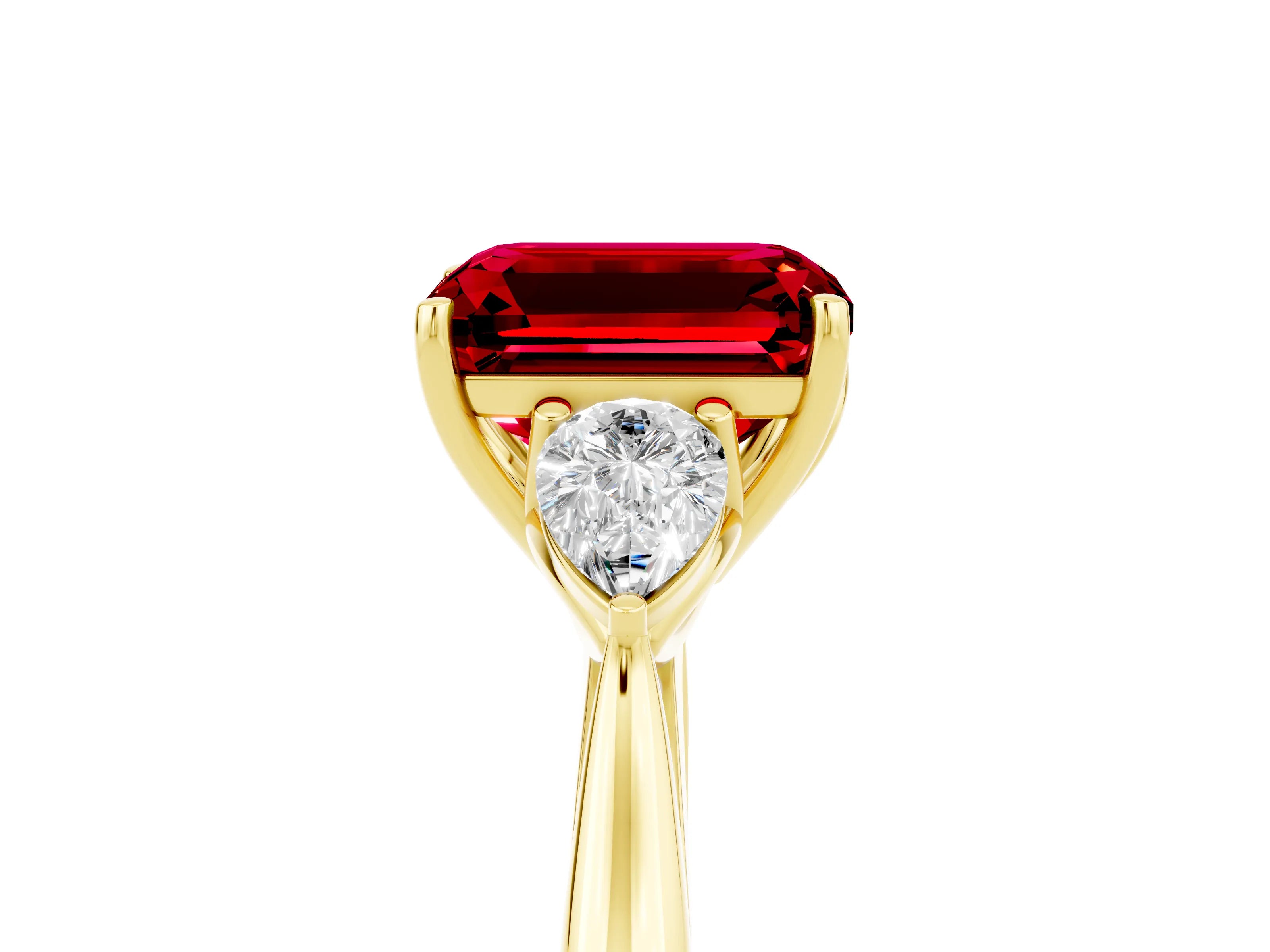 Yellow gold Three-Stone Emerald Cut Cut Diamond Ring with Pear Side Stones in Four-Prong Setting_5