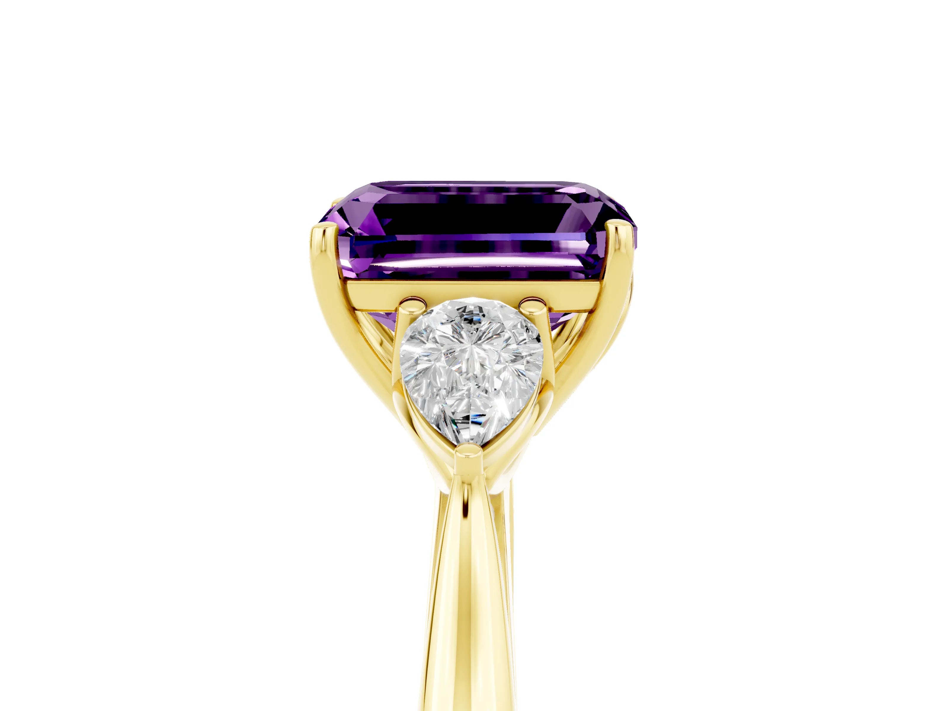 Yellow gold Three-Stone Emerald Cut Cut Diamond Ring with Pear Side Stones in Four-Prong Setting_5
