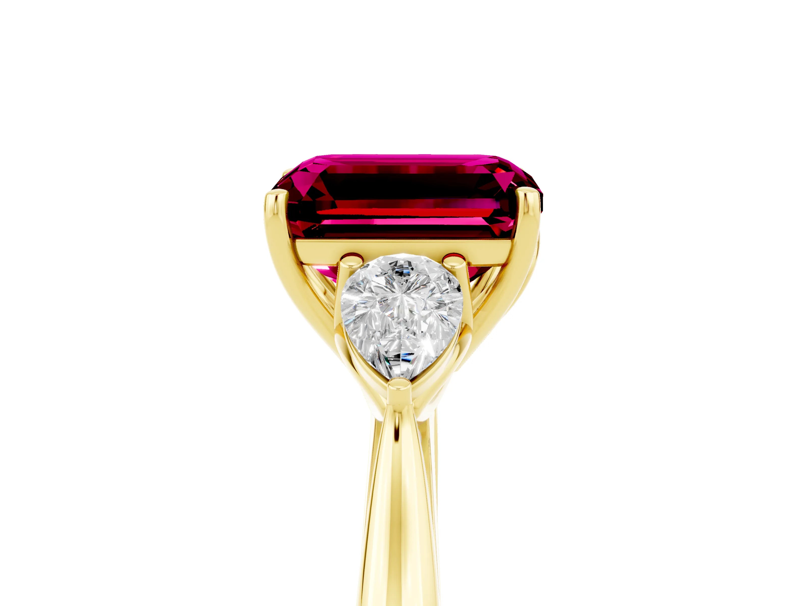 Yellow gold Three-Stone Emerald Cut Cut Diamond Ring with Pear Side Stones in Four-Prong Setting_5