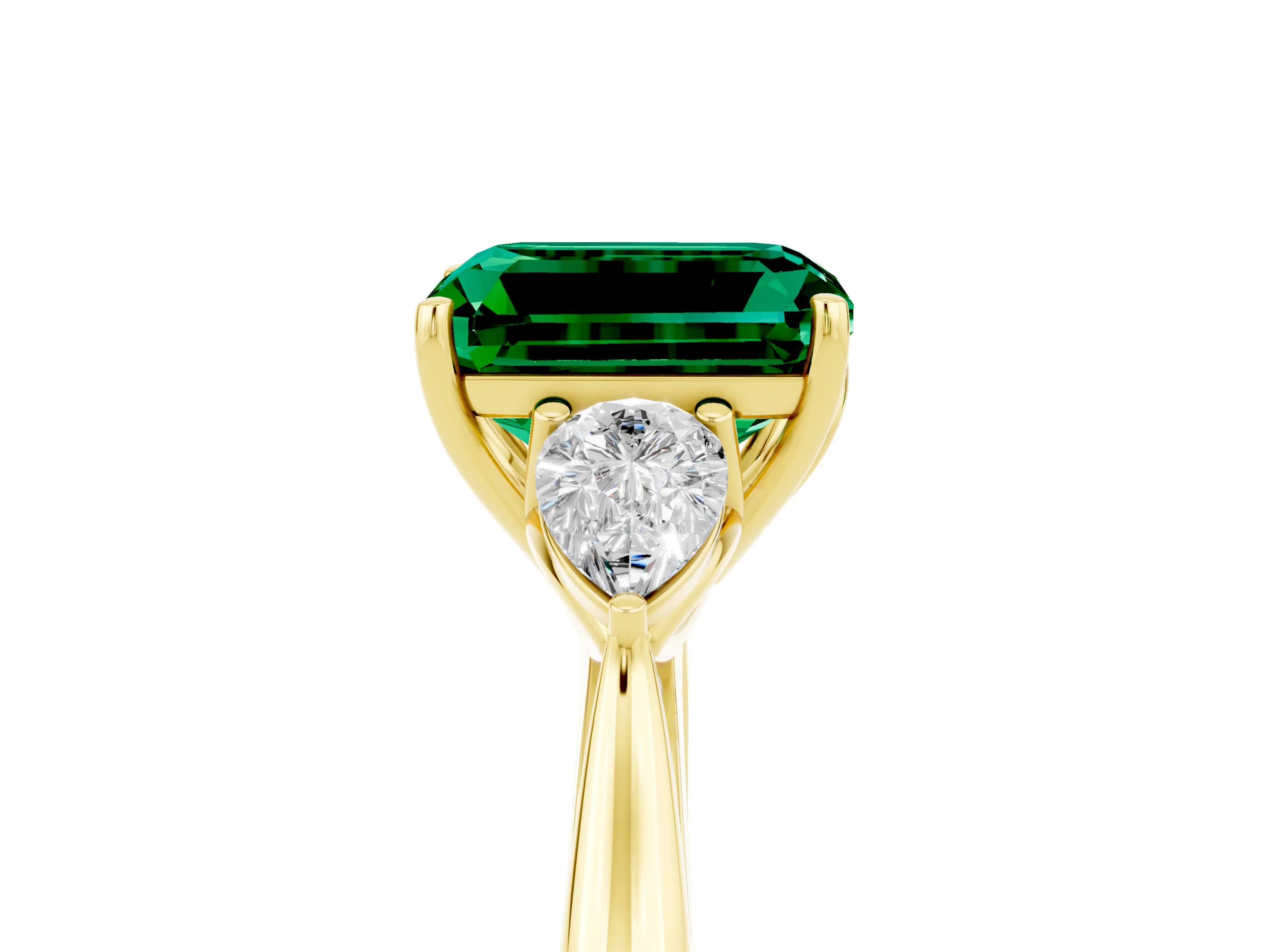 Yellow gold Three-Stone Emerald Cut Cut Diamond Ring with Pear Side Stones in Four-Prong Setting_5