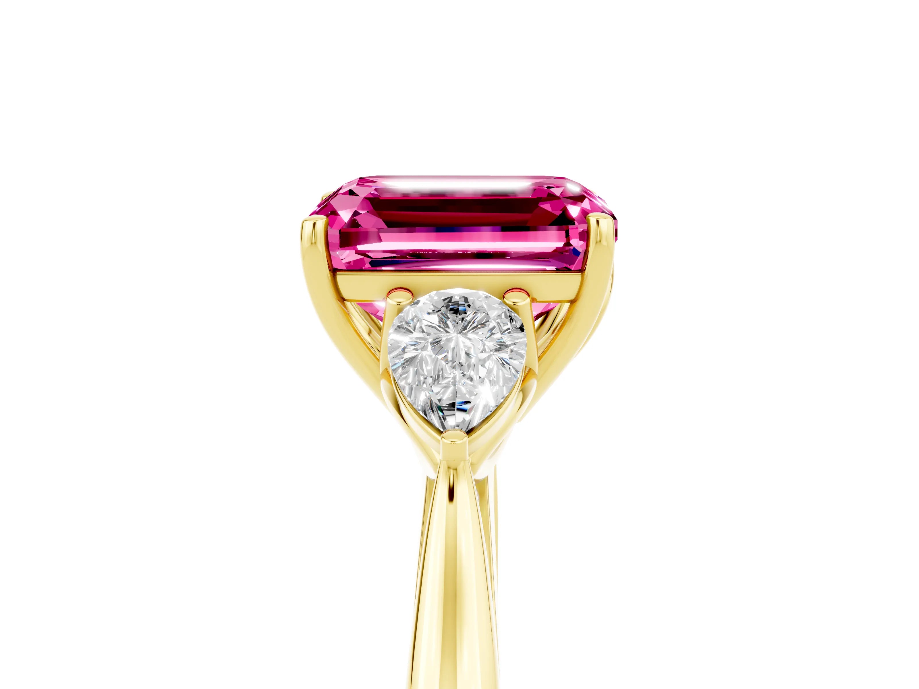 Yellow gold Three-Stone Emerald Cut Cut Diamond Ring with Pear Side Stones in Four-Prong Setting_5