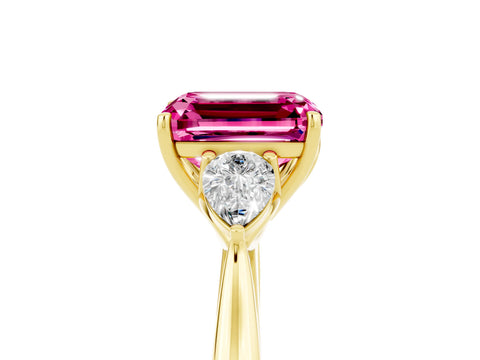Yellow gold Three-Stone Emerald Cut Cut Diamond Ring with Pear Side Stones in Four-Prong Setting_5