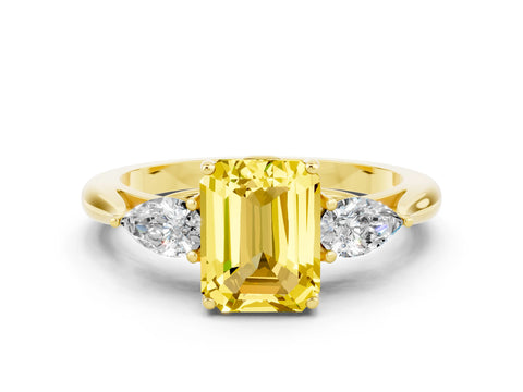 Yellow gold Three-Stone Emerald Cut Cut Diamond Ring with Pear Side Stones in Four-Prong Setting