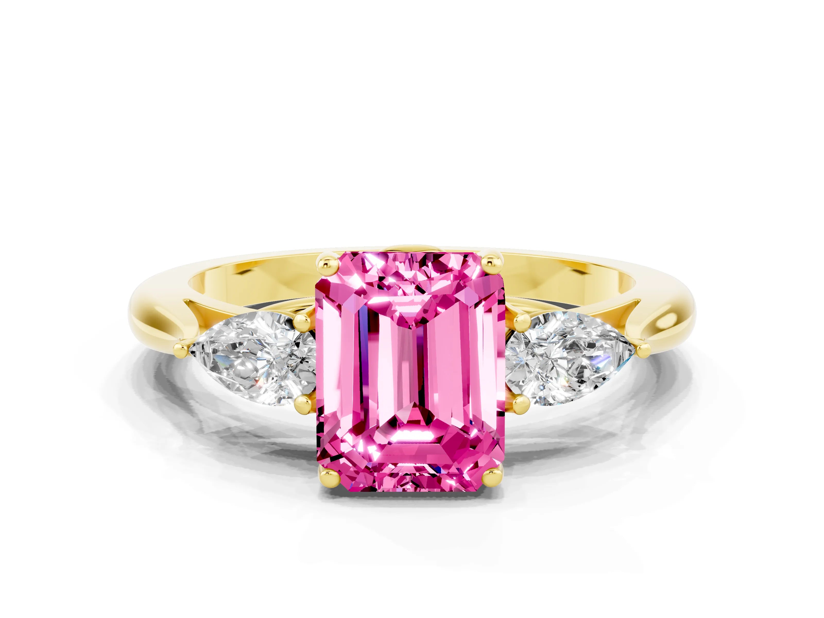 Yellow gold Three-Stone Emerald Cut Cut Diamond Ring with Pear Side Stones in Four-Prong Setting