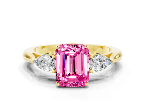 Yellow gold Three-Stone Emerald Cut Cut Diamond Ring with Pear Side Stones in Four-Prong Setting