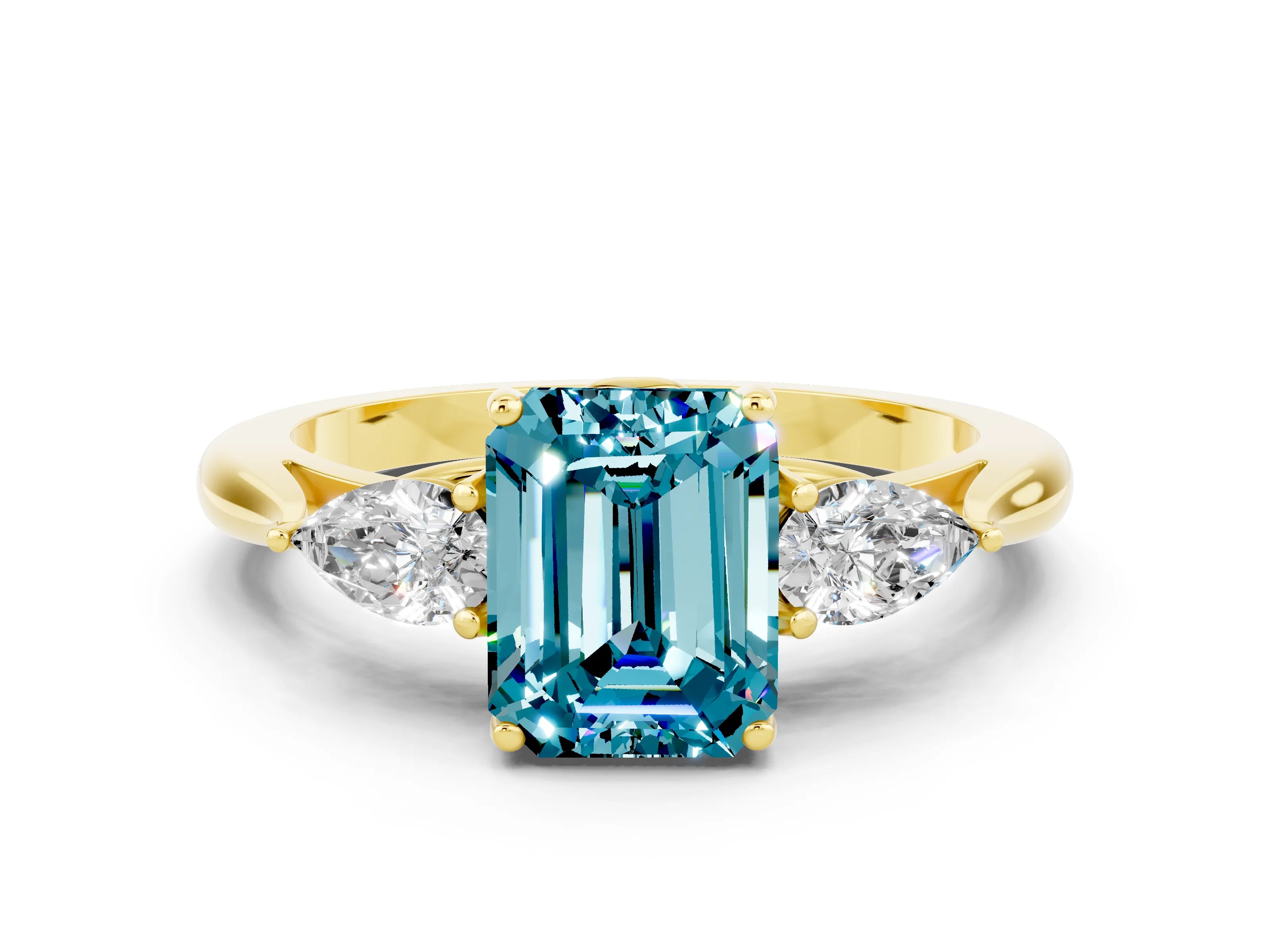 Yellow gold Three-Stone Emerald Cut Cut Diamond Ring with Pear Side Stones in Four-Prong Setting