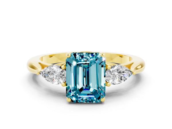 Yellow gold Three-Stone Emerald Cut Cut Diamond Ring with Pear Side Stones in Four-Prong Setting