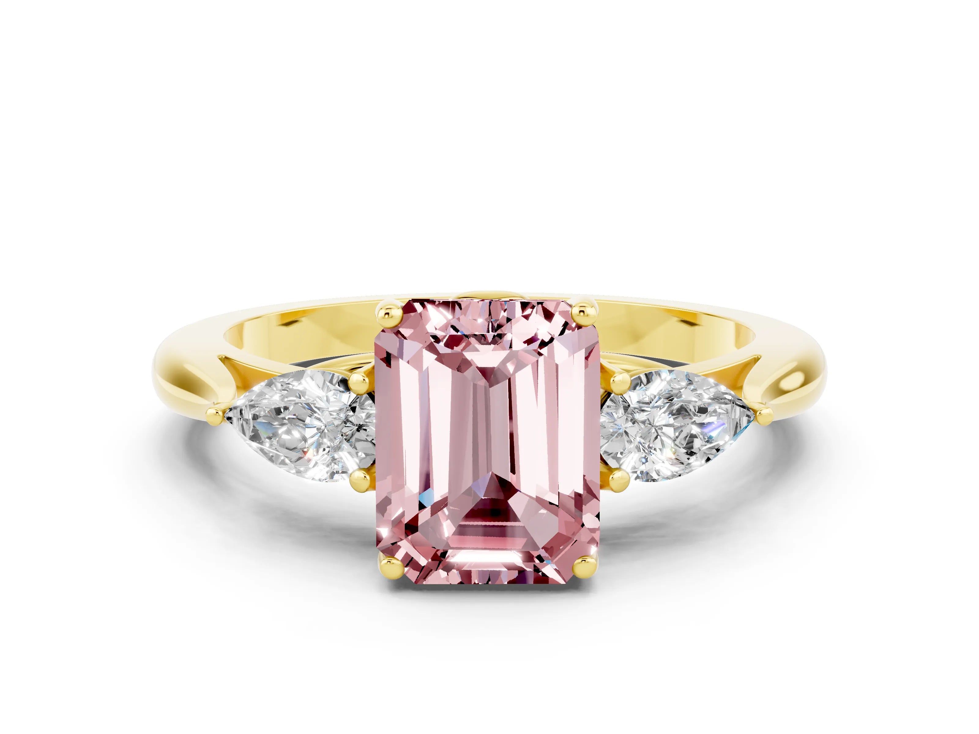 Yellow gold Three-Stone Emerald Cut Cut Diamond Ring with Pear Side Stones in Four-Prong Setting