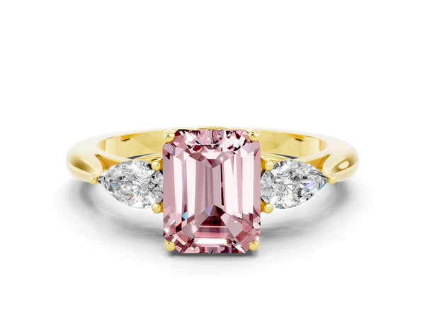 Yellow gold Three-Stone Emerald Cut Cut Diamond Ring with Pear Side Stones in Four-Prong Setting