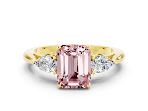 Yellow gold Three-Stone Emerald Cut Cut Diamond Ring with Pear Side Stones in Four-Prong Setting