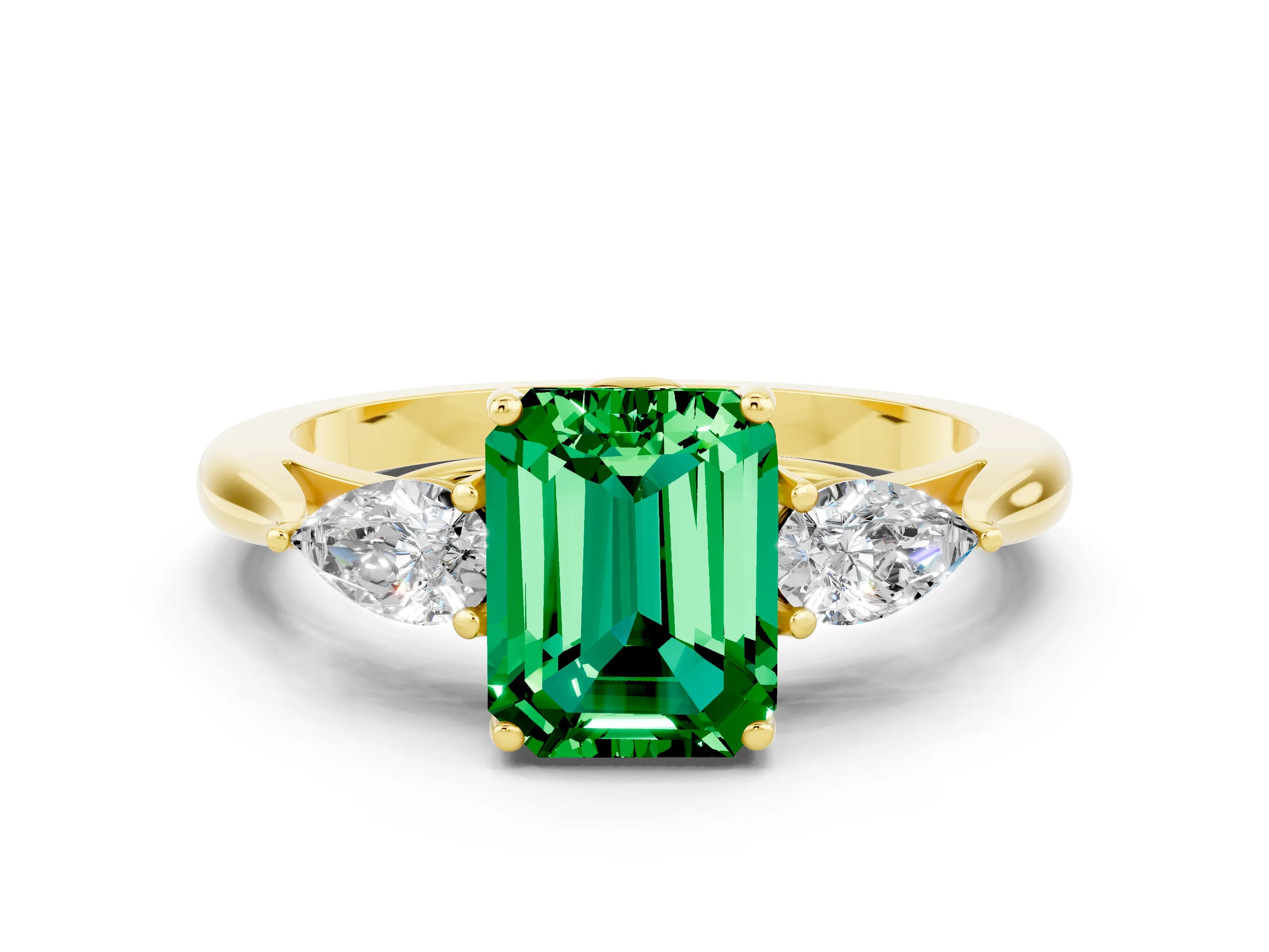 Yellow gold Three-Stone Emerald Cut Cut Diamond Ring with Pear Side Stones in Four-Prong Setting