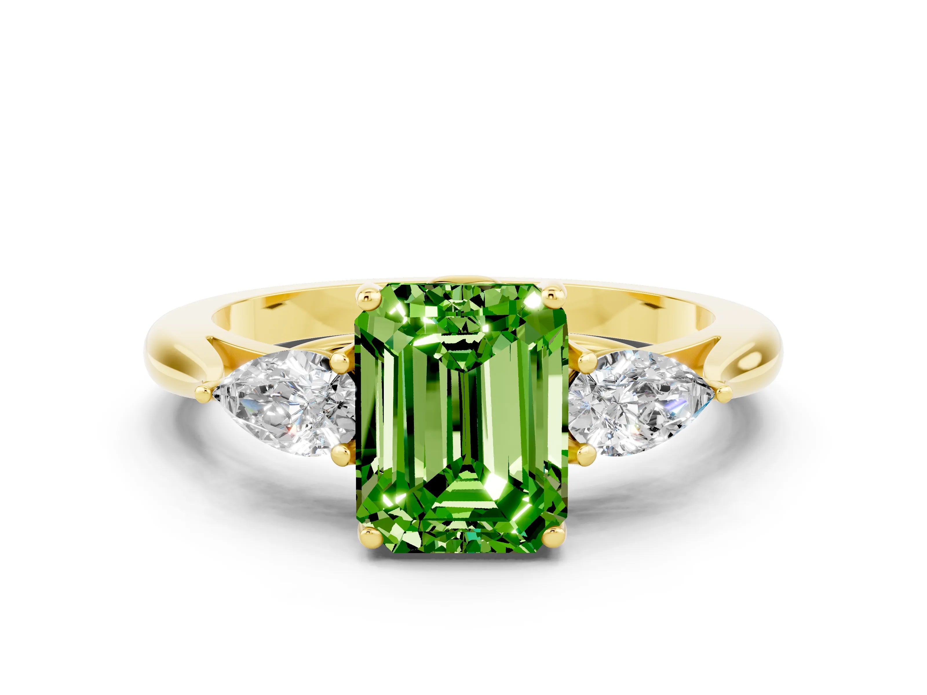 Yellow gold Three-Stone Emerald Cut Cut Diamond Ring with Pear Side Stones in Four-Prong Setting